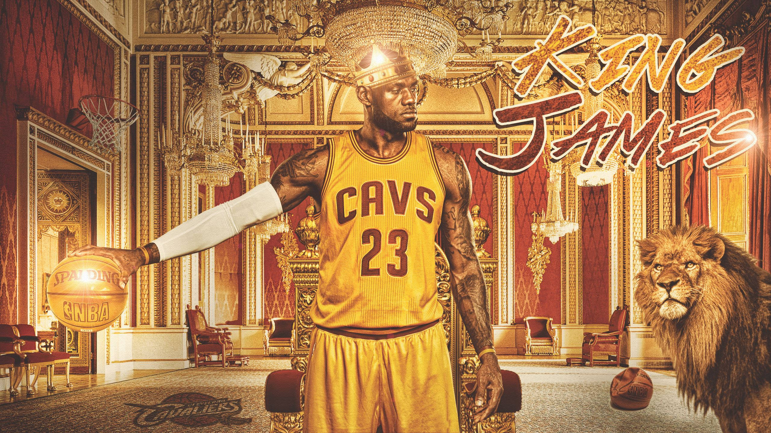 LeBron James, golden Cavs jersey, lavish throne room, 2K Desktop Wallpaper