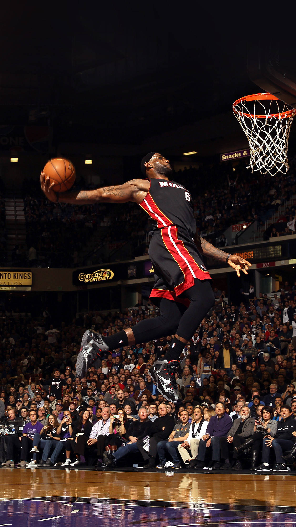 LeBron James, black and red uniform, mid-dunk, Full HD Phone Wallpaper