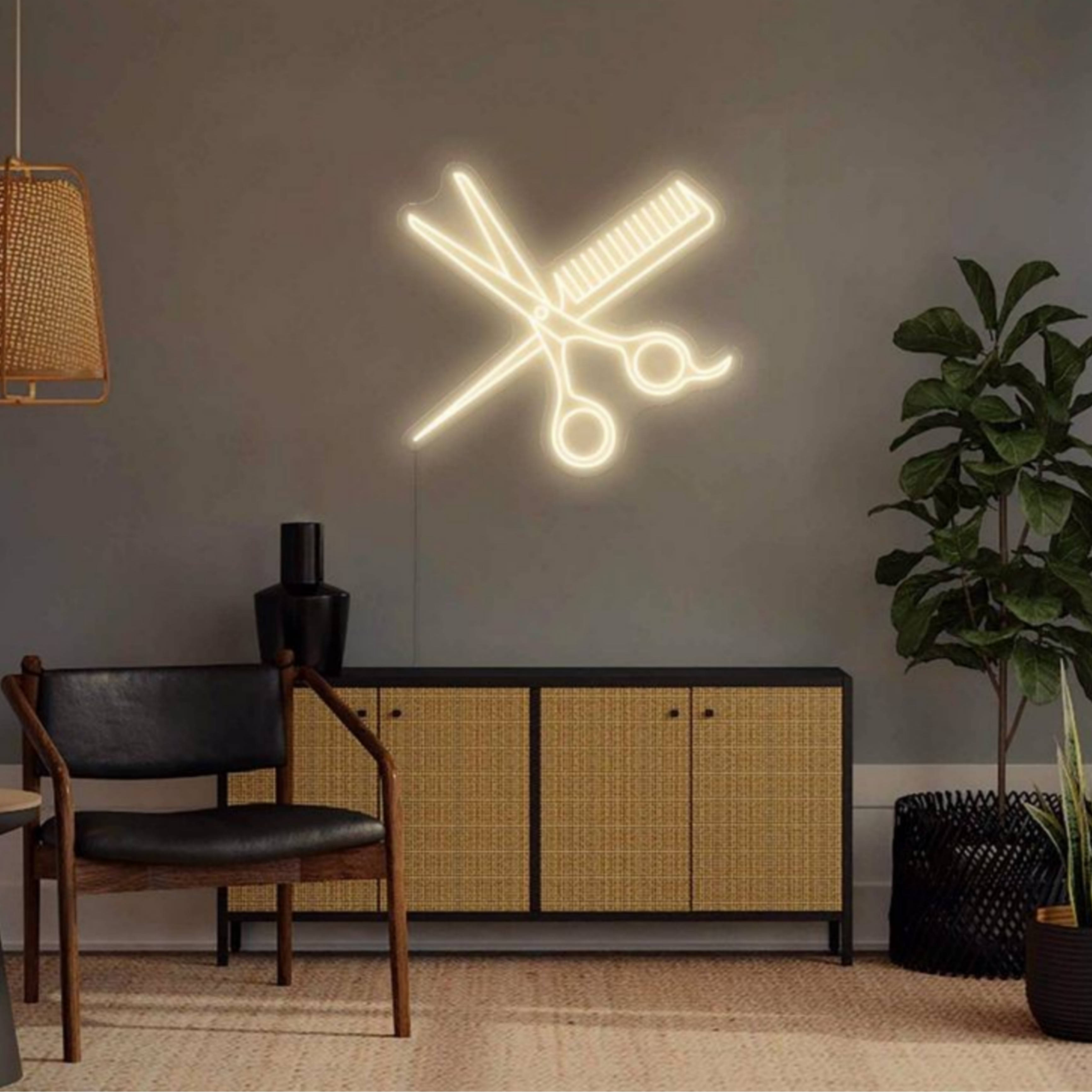 Hair Salon Comb And Scissor LED Sign, crossed scissors and comb, glowing neon sign, 2K Desktop Wallpaper