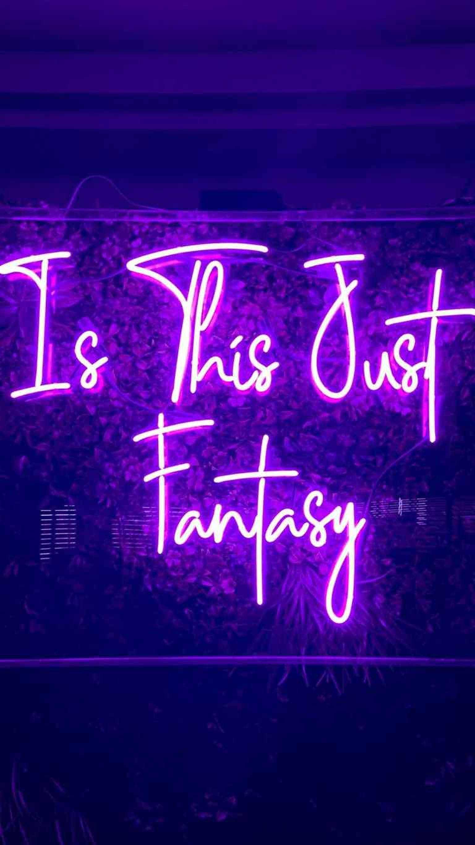 Is This Just Fantasy, purple neon sign, dark textured wall, 2K Phone Wallpaper