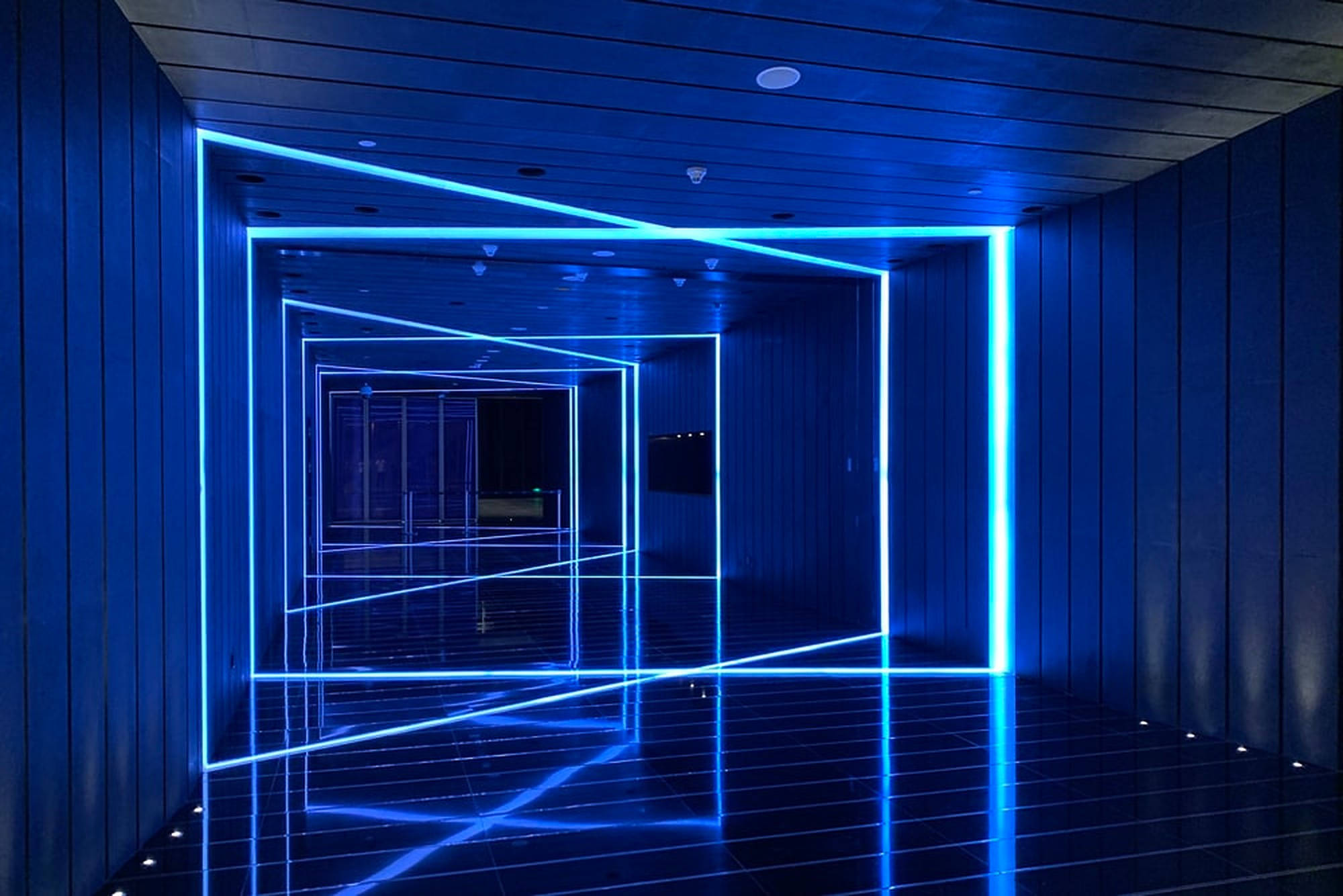 Cyan Rectangle Hallway LED Light, futuristic blue neon-lit corridor, glowing rectangular frames, Full HD Desktop Wallpaper