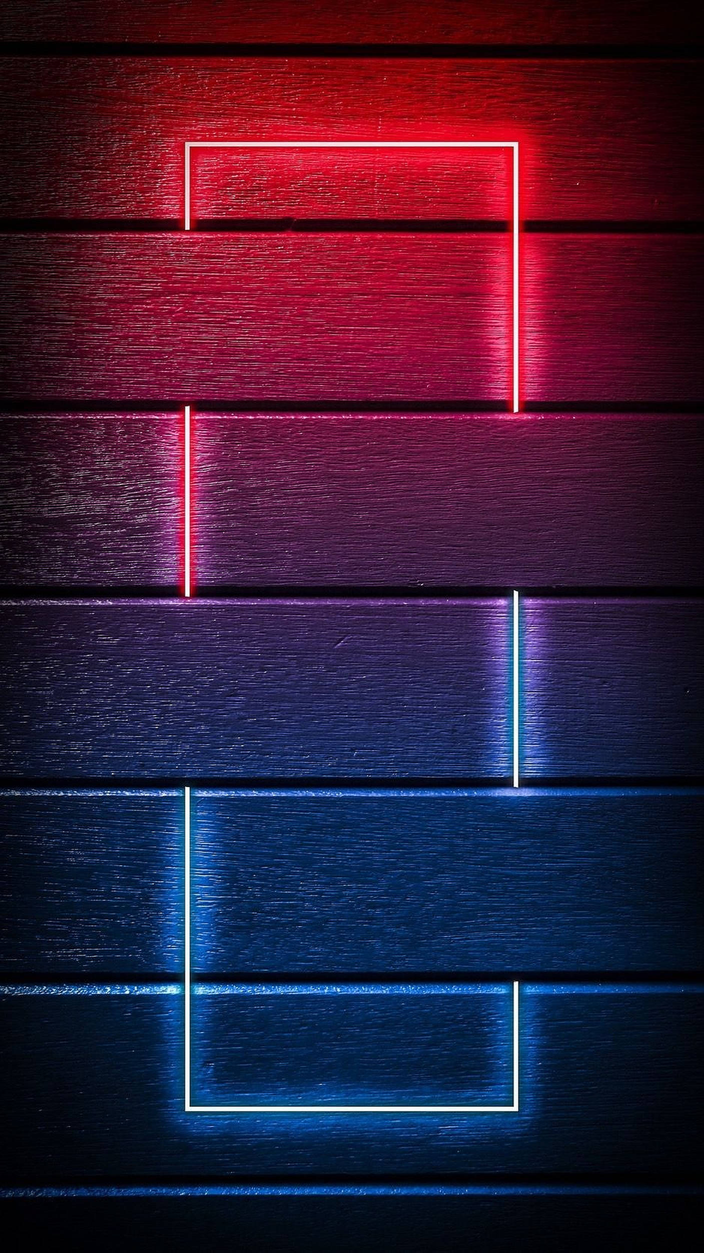 red and blue neon LED light, neon rectangles, dark wooden planks, Full HD Phone Wallpaper