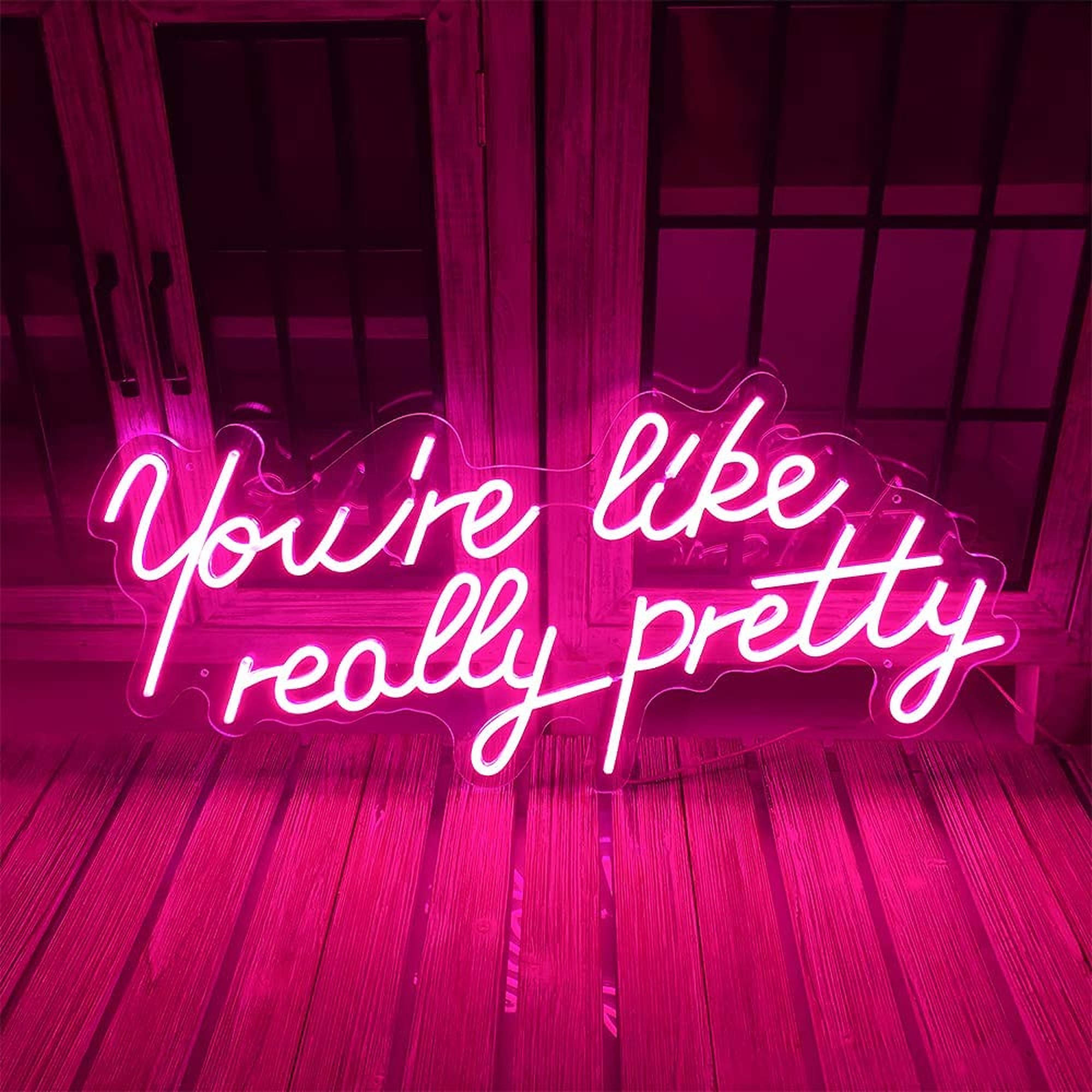 You're like really pretty, pink neon sign, wooden floors, Full HD Desktop Wallpaper