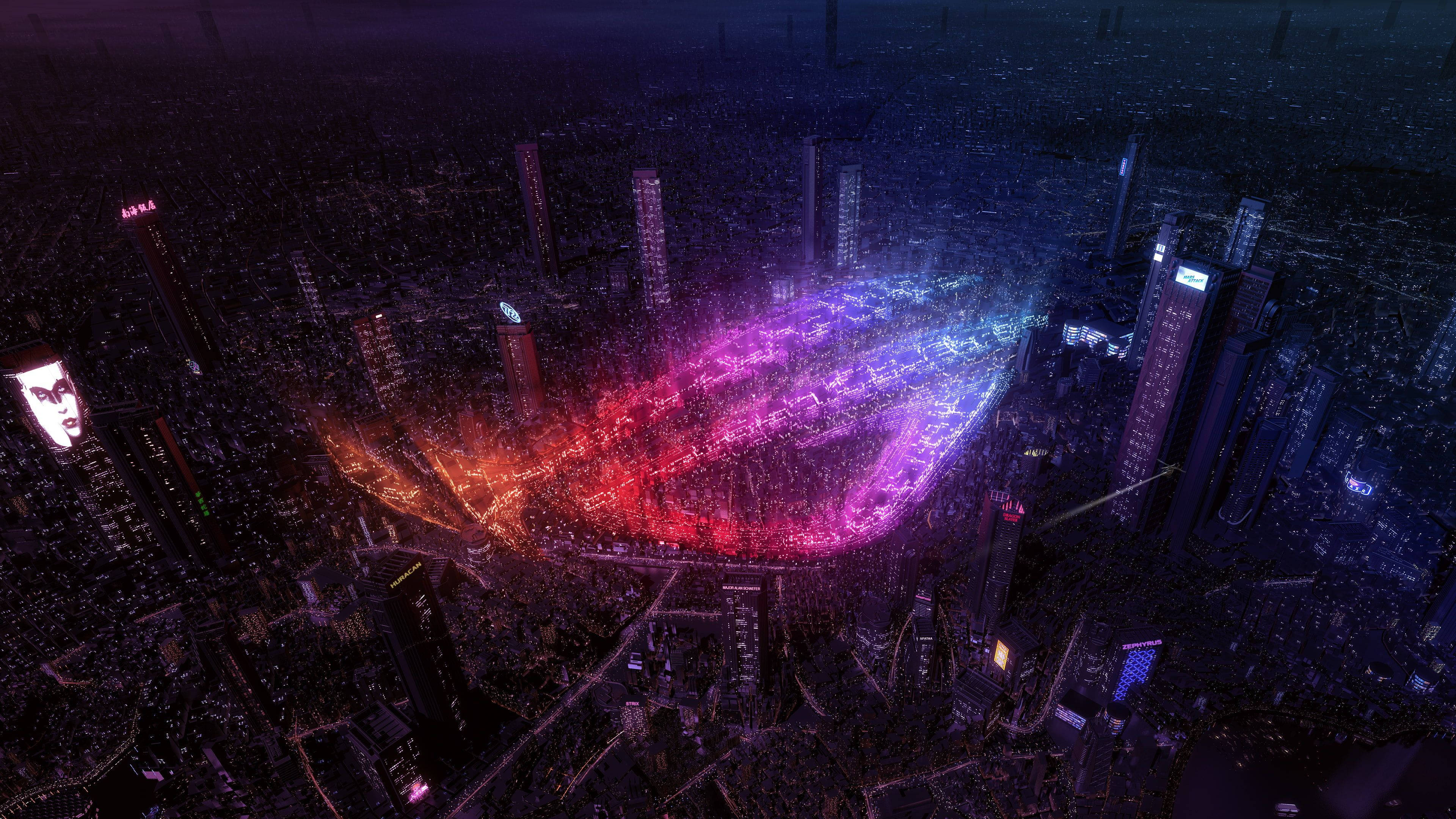 neon stadium, vibrant purple and red light, towering skyscrapers, 4K Desktop Wallpaper