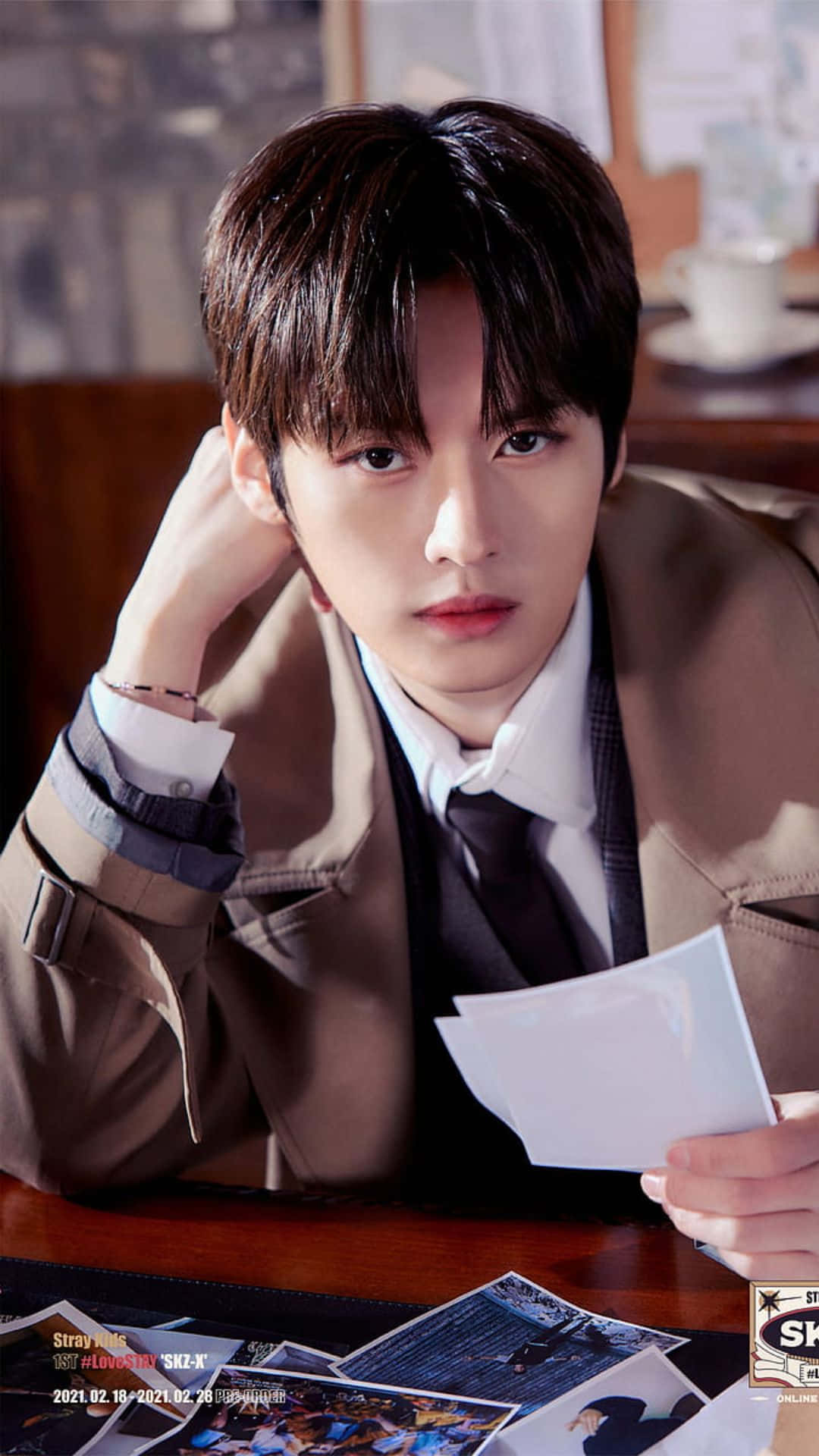 Lee Know, tan trench coat, wooden desk, Full HD Phone Wallpaper