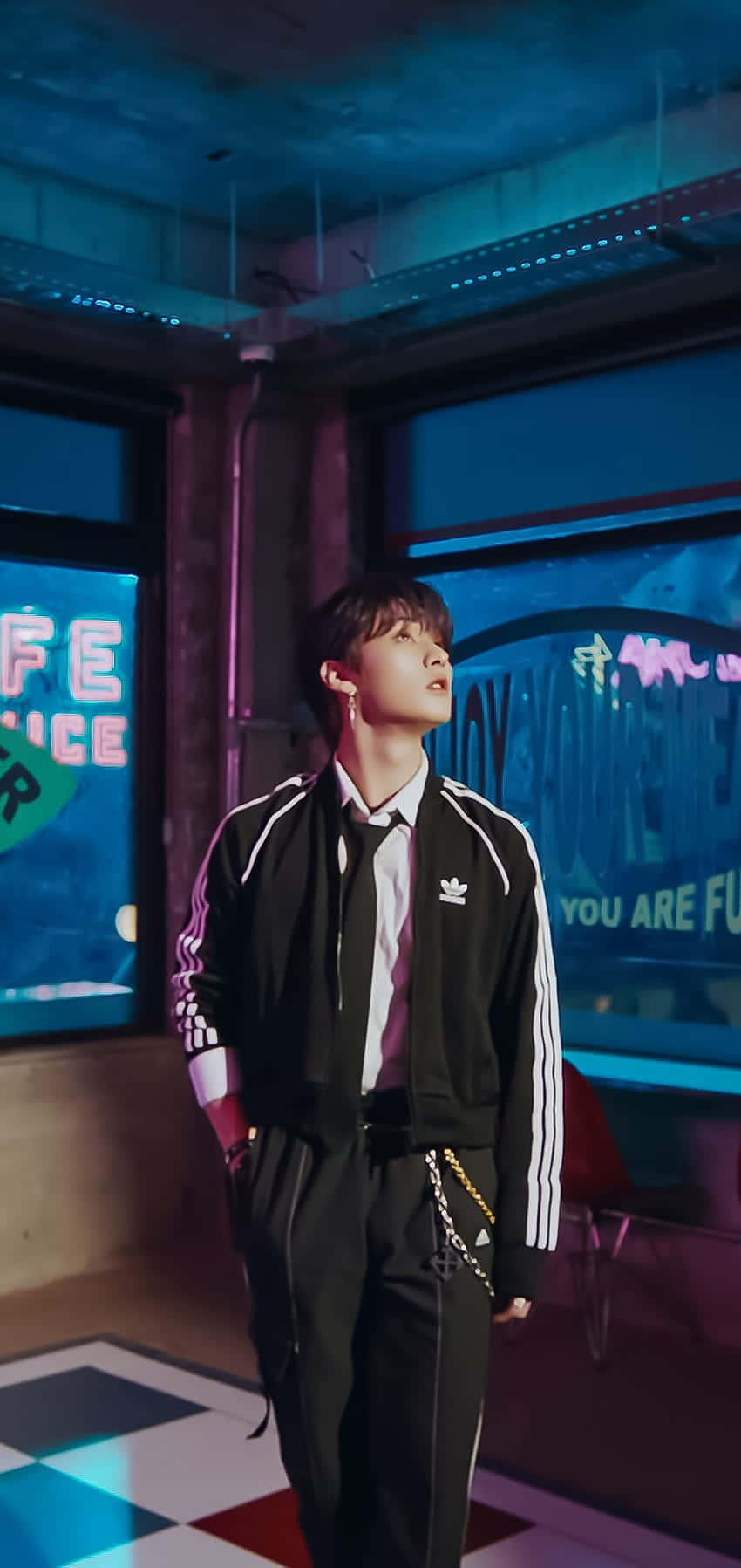 Lee Know, Adidas tracksuit, neon-lit room, HD Phone Wallpaper