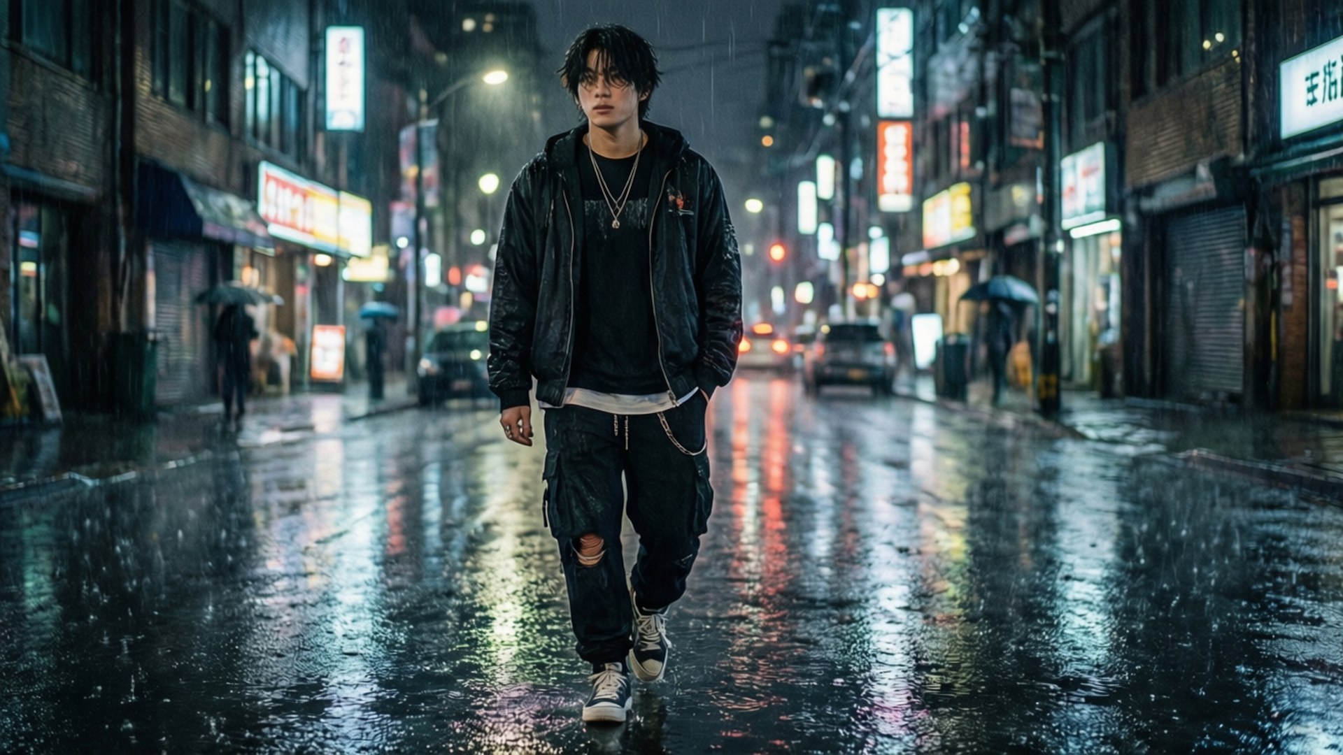 Lee Know, neon-lit, rain-soaked urban street, Full HD Desktop Wallpaper
