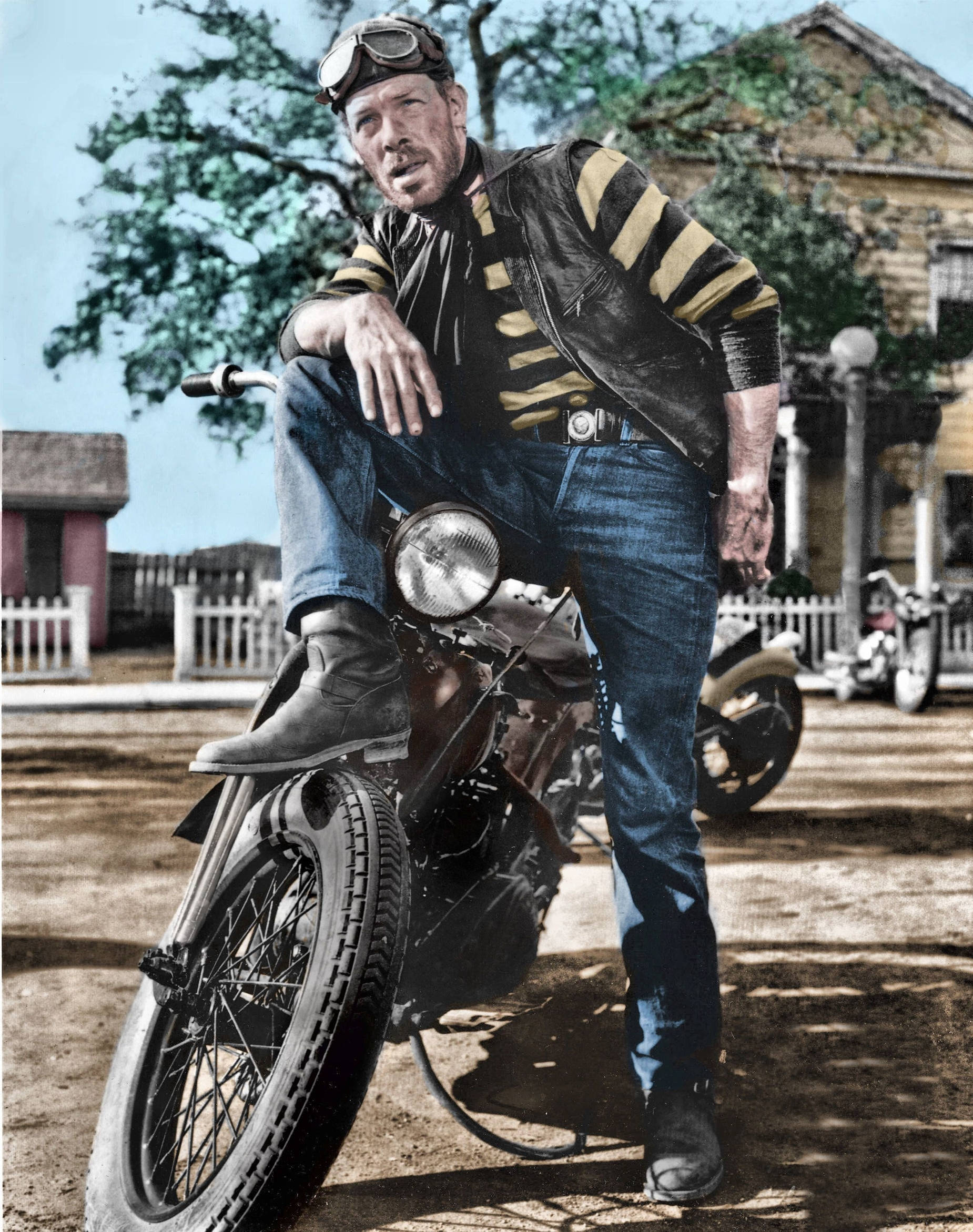 Lee Marvin, vintage motorcycle, striped shirt, Full HD Phone Wallpaper