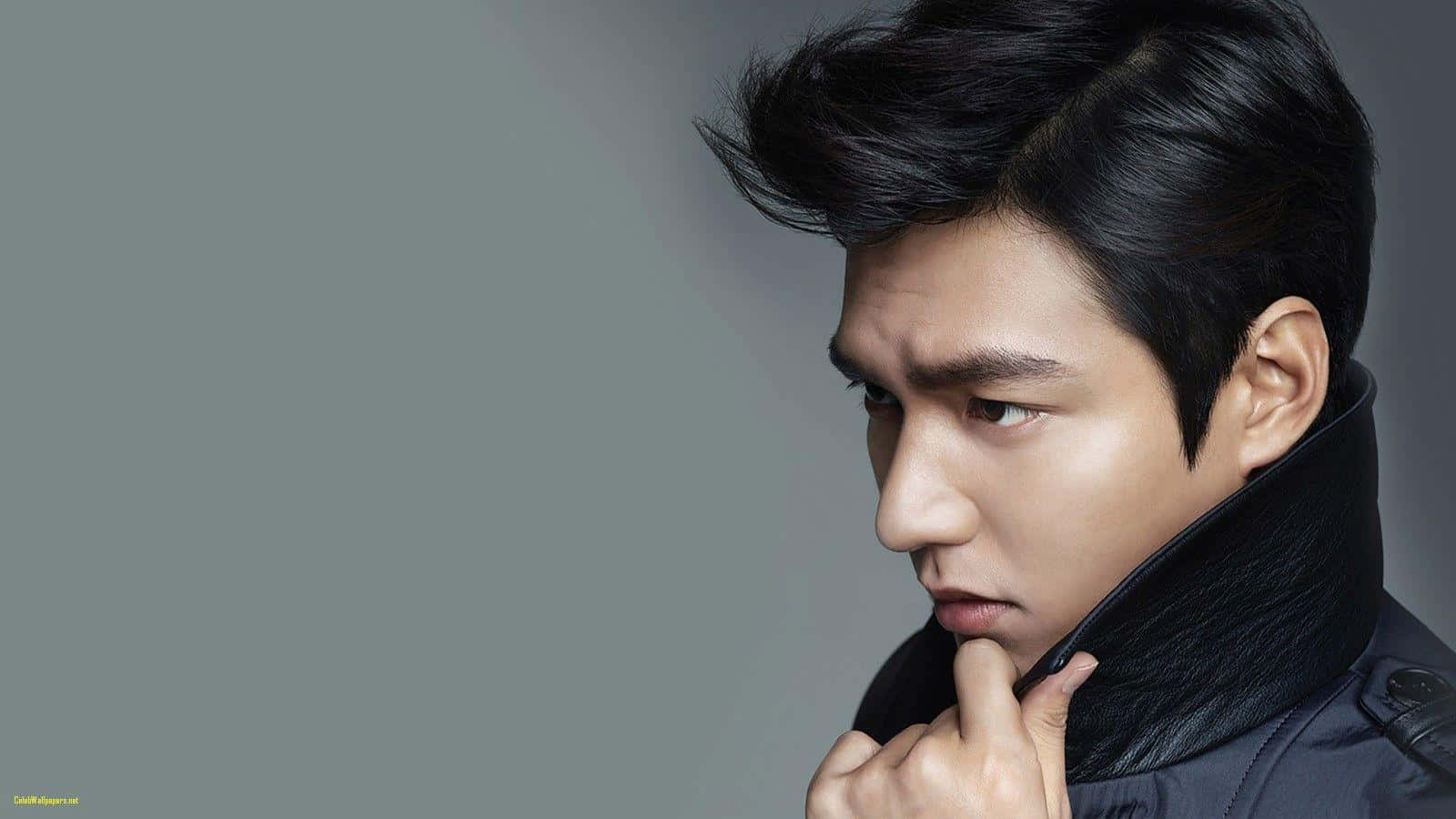 Lee Min Ho, black jacket, muted gray background, HD Desktop Wallpaper
