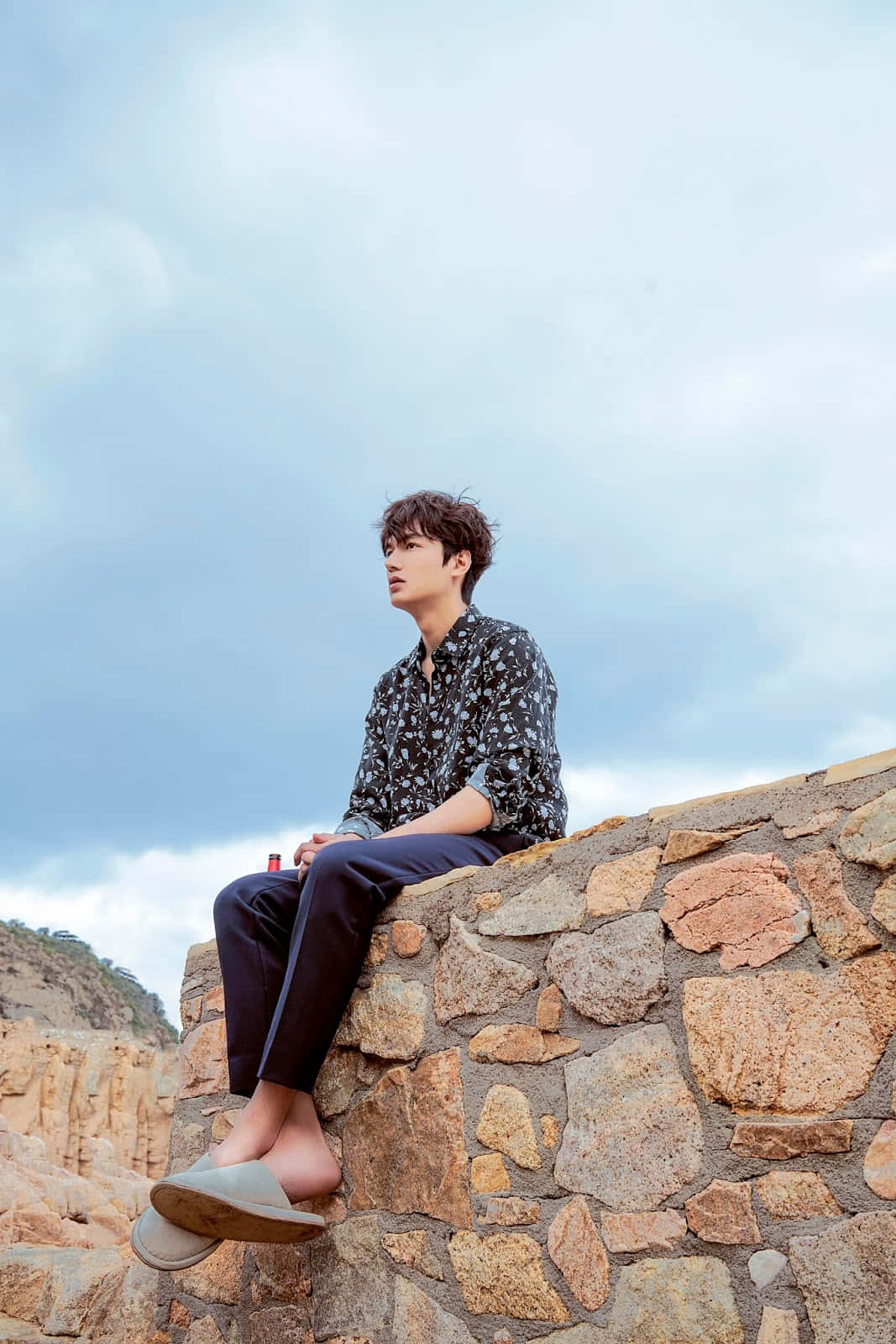 Lee Min Ho, floral shirt, rugged stone wall, HD Phone Wallpaper