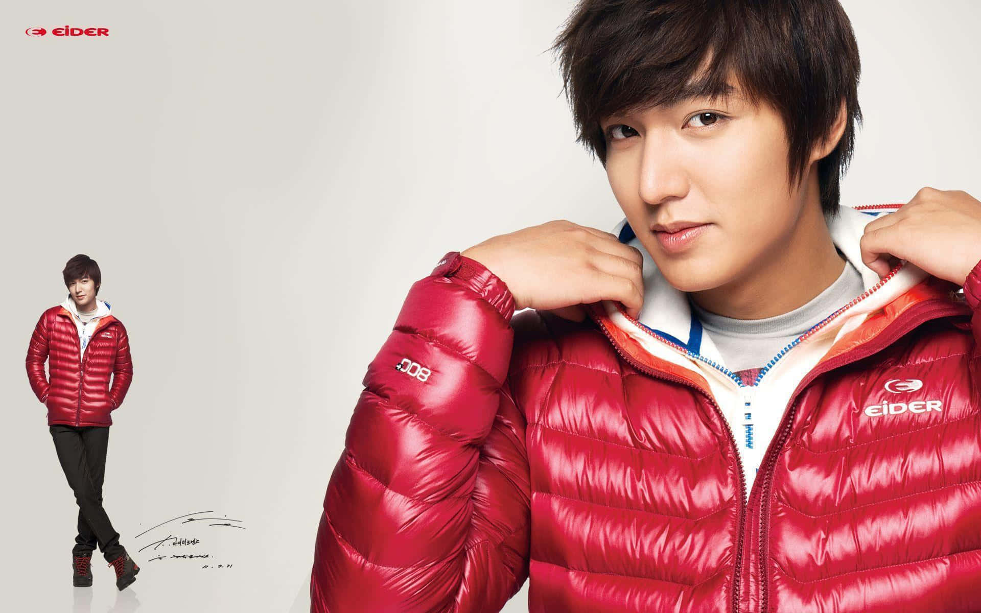 Lee Min Ho, shiny red puffer jacket, plain white background, Full HD Desktop Wallpaper