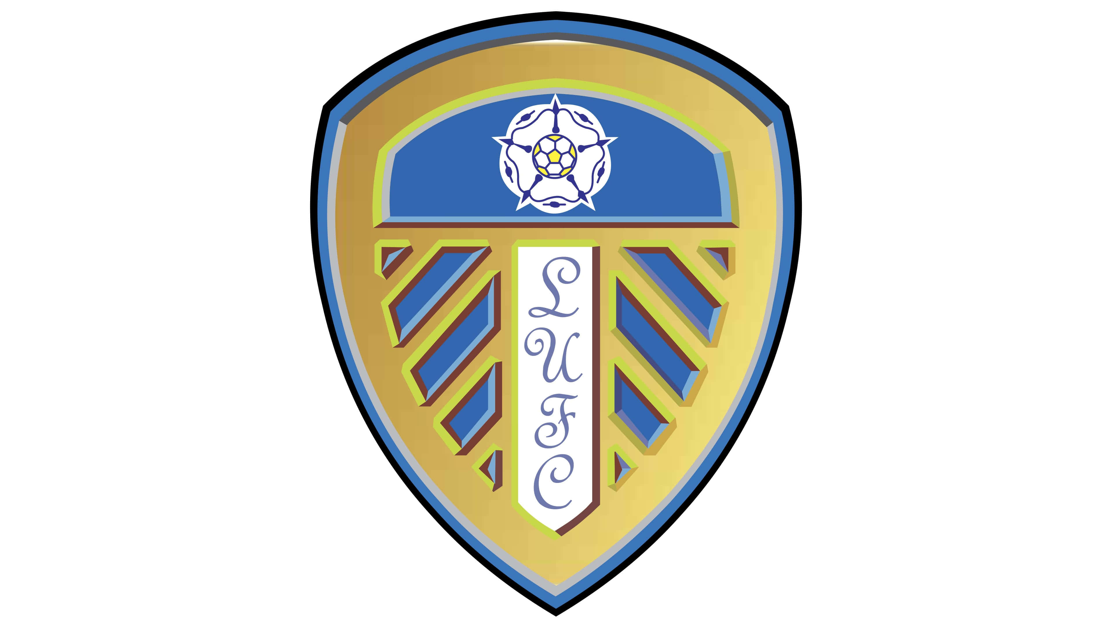 Leeds United, golden shield crest, blue accents, 4K Desktop Wallpaper