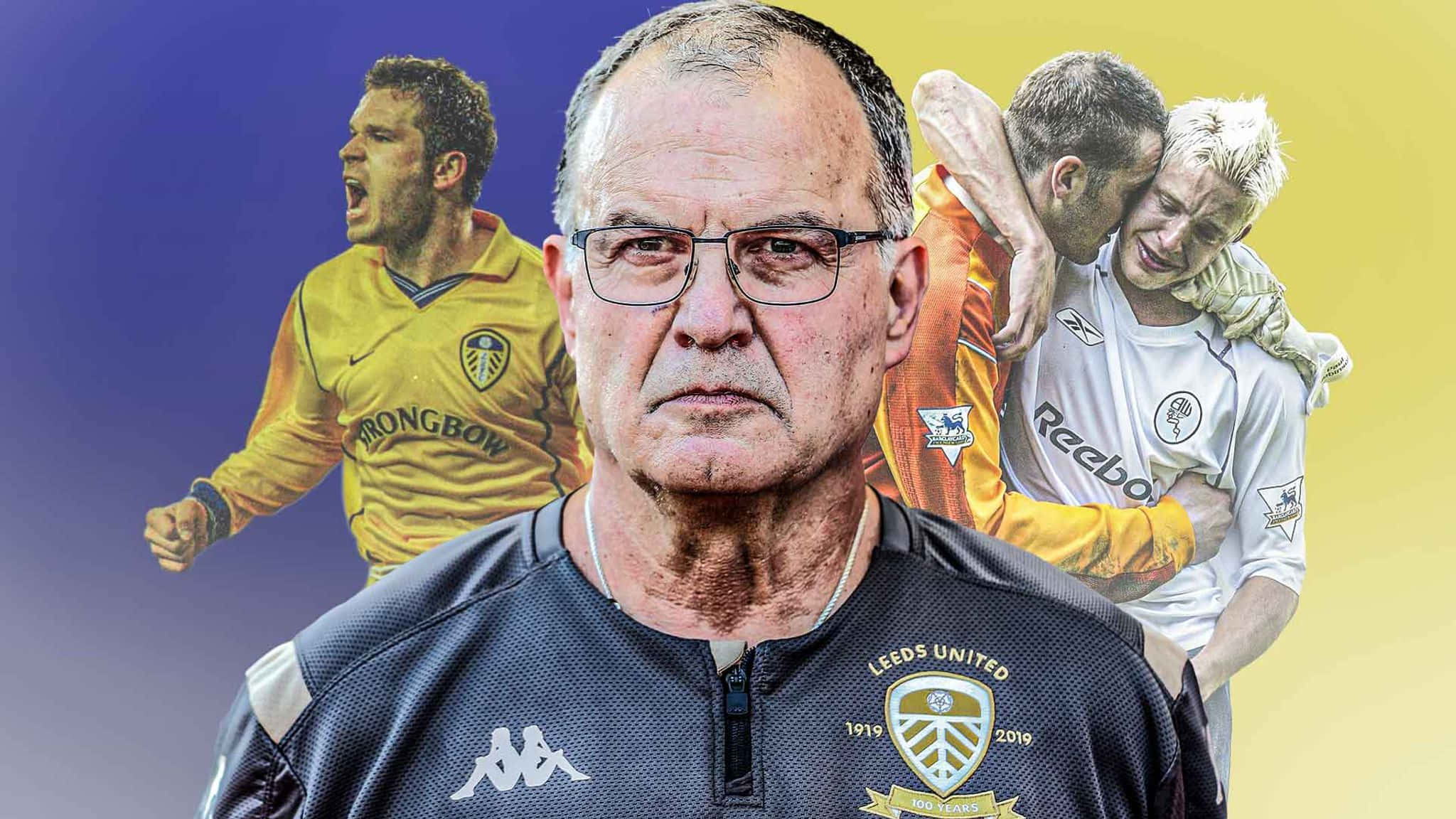 Leeds United, blue and yellow background, football manager, Full HD Desktop Wallpaper