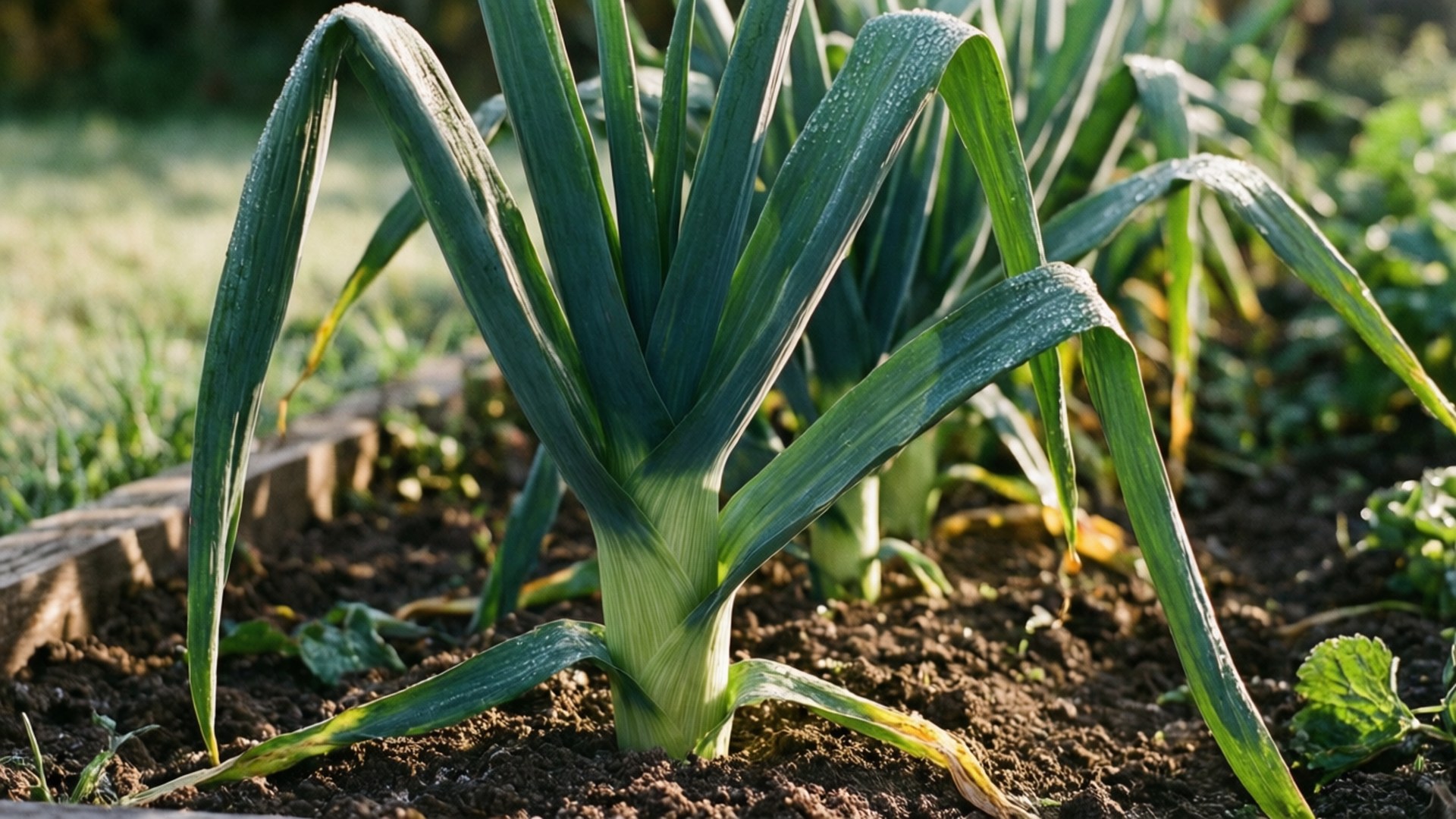 Leek Garden Morning, leek plant, garden bed, Full HD Desktop Wallpaper