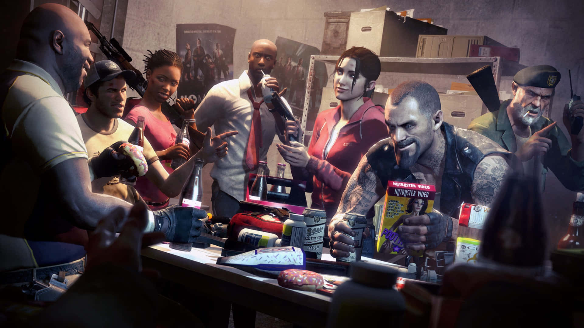 Left 4 Dead, characters, cluttered table, Full HD Desktop Wallpaper