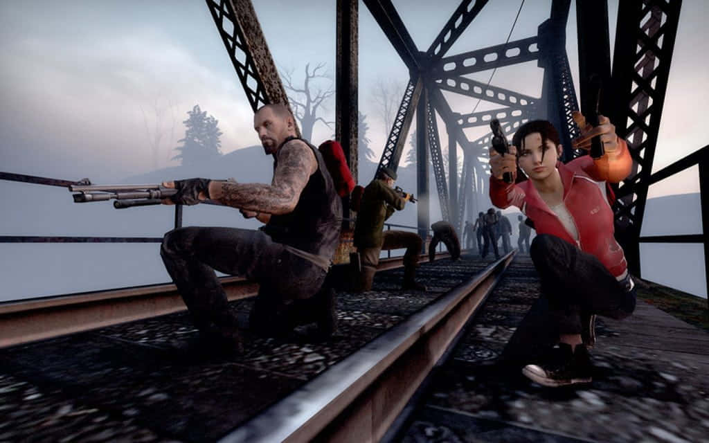 Left 4 Dead, train bridge, armed figures, SD Desktop Wallpaper