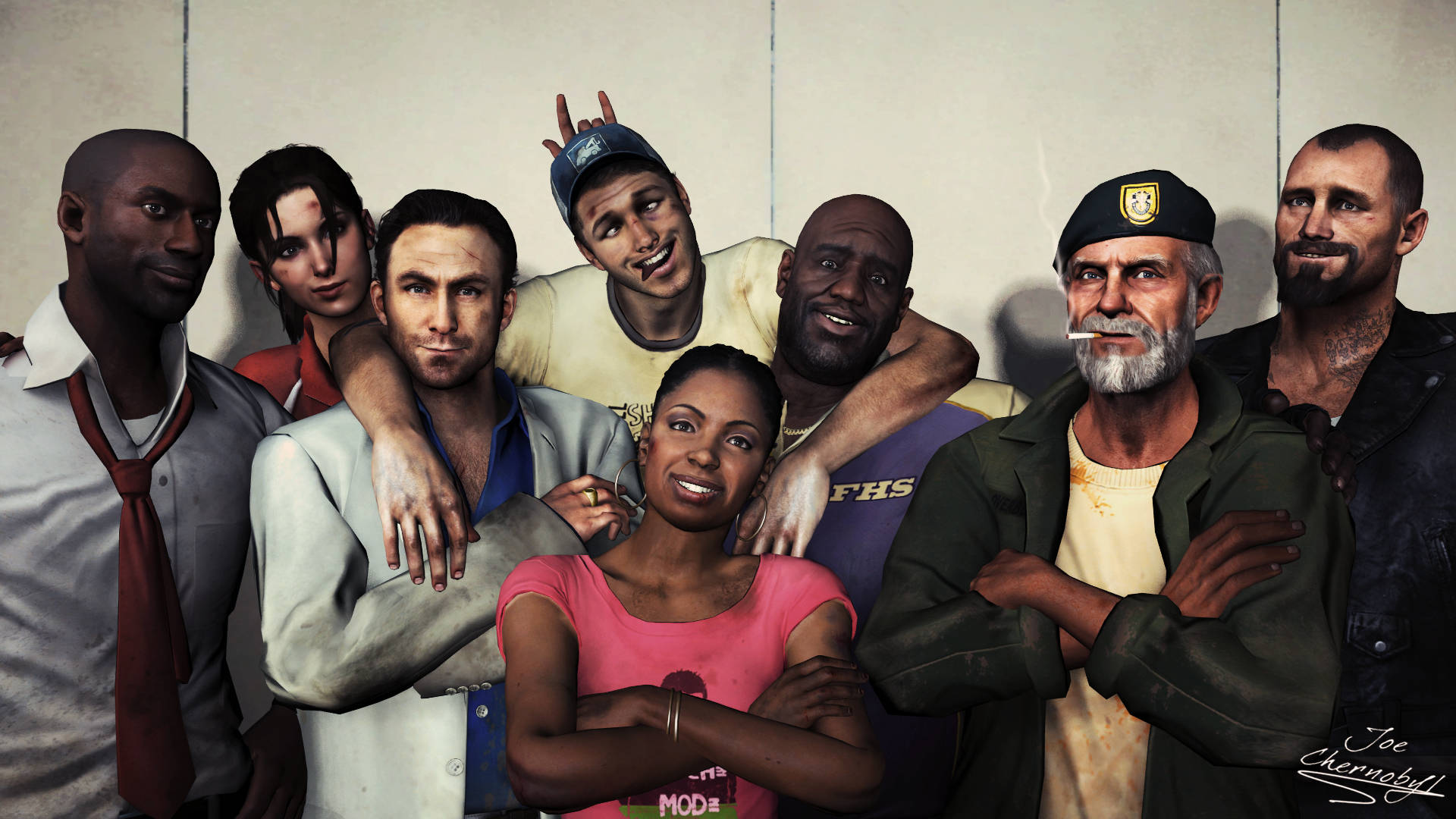 Left 4 Dead, survivor art family, seven video game characters, Full HD Desktop Wallpaper