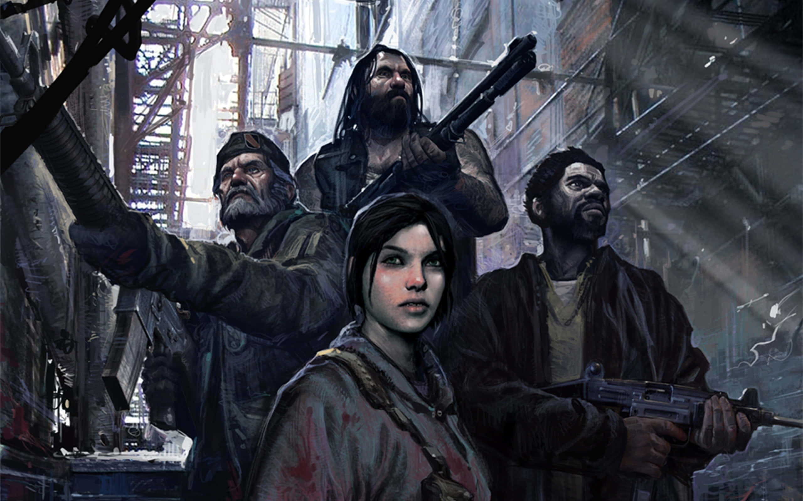 Left 4 Dead Characters, grimy urban ruins, broken steel beams, 2K Desktop Wallpaper
