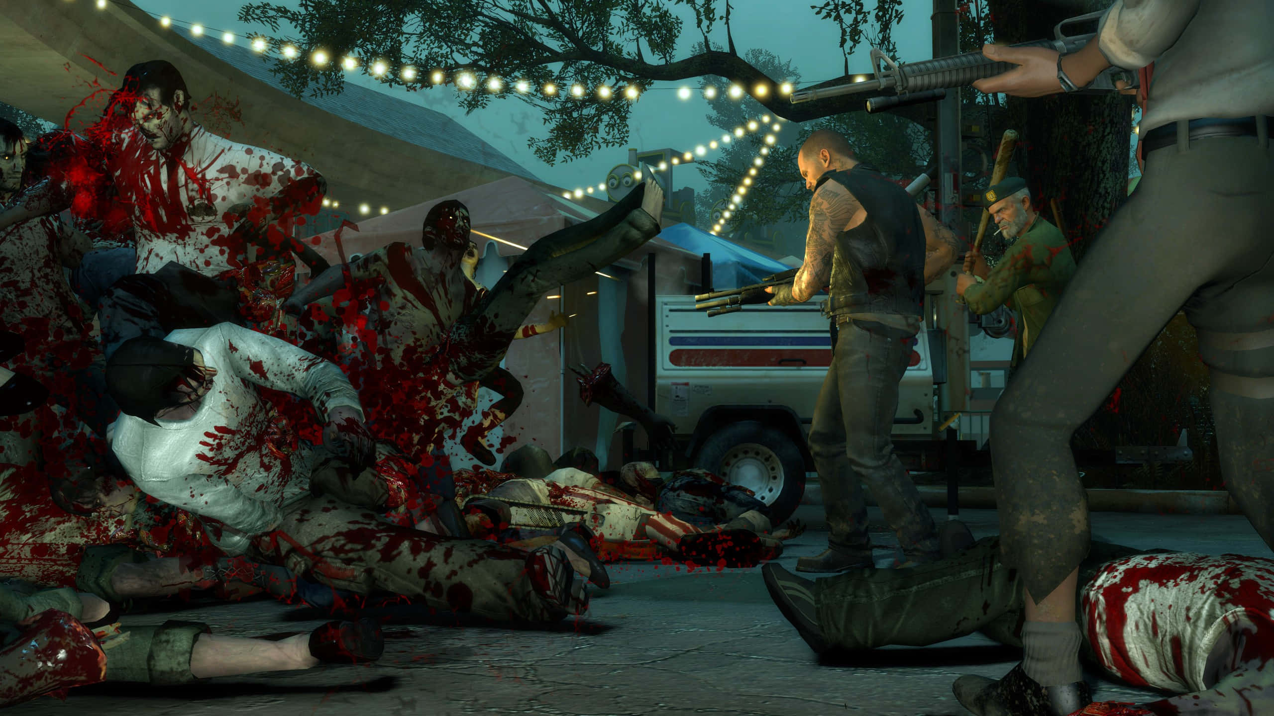 Left 4 Dead Characters, string lights, outdoor camp, 2K Desktop Wallpaper