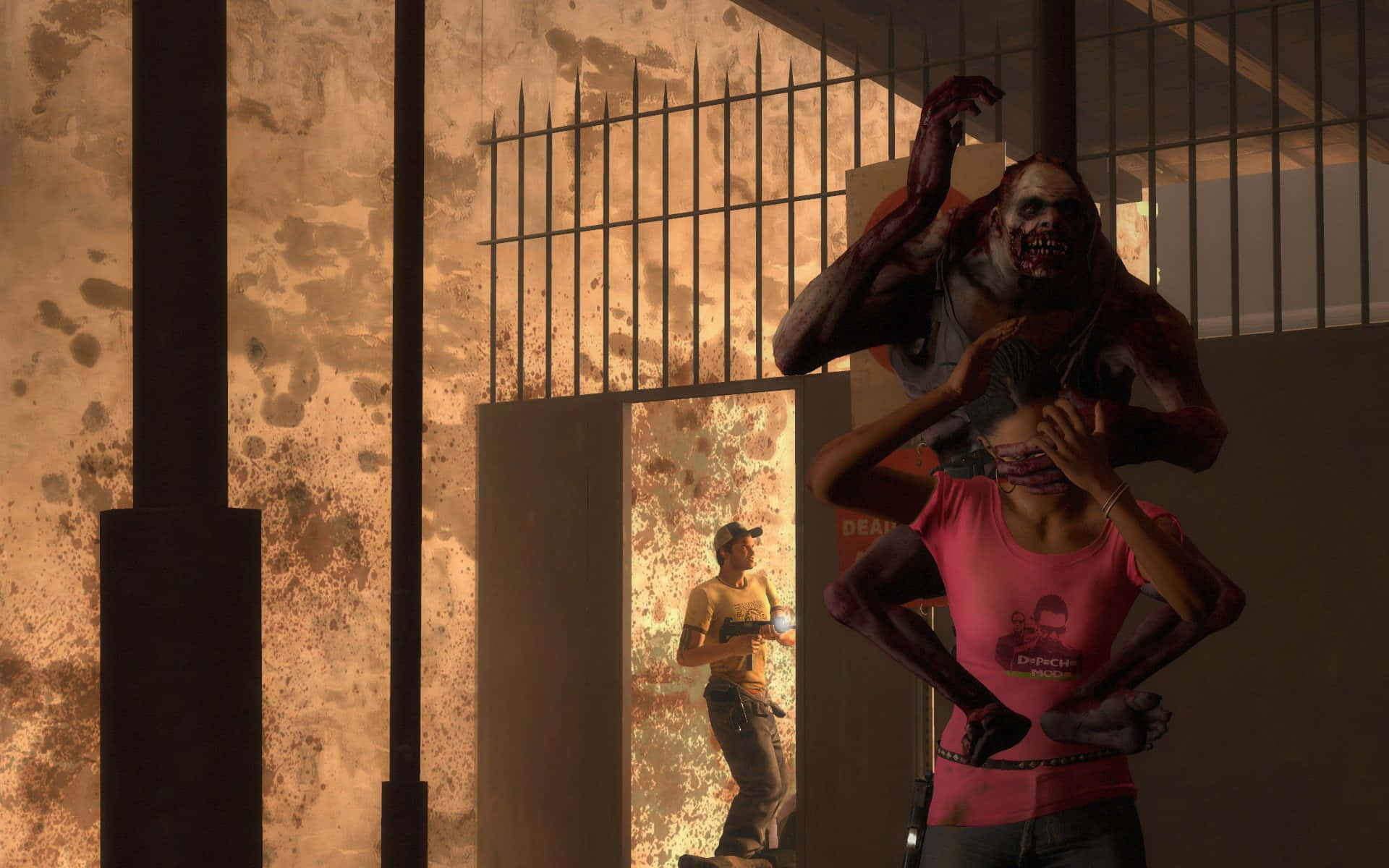 Left 4 Dead Characters, woman in a pink shirt, man aims a weapon, Full HD Desktop Wallpaper