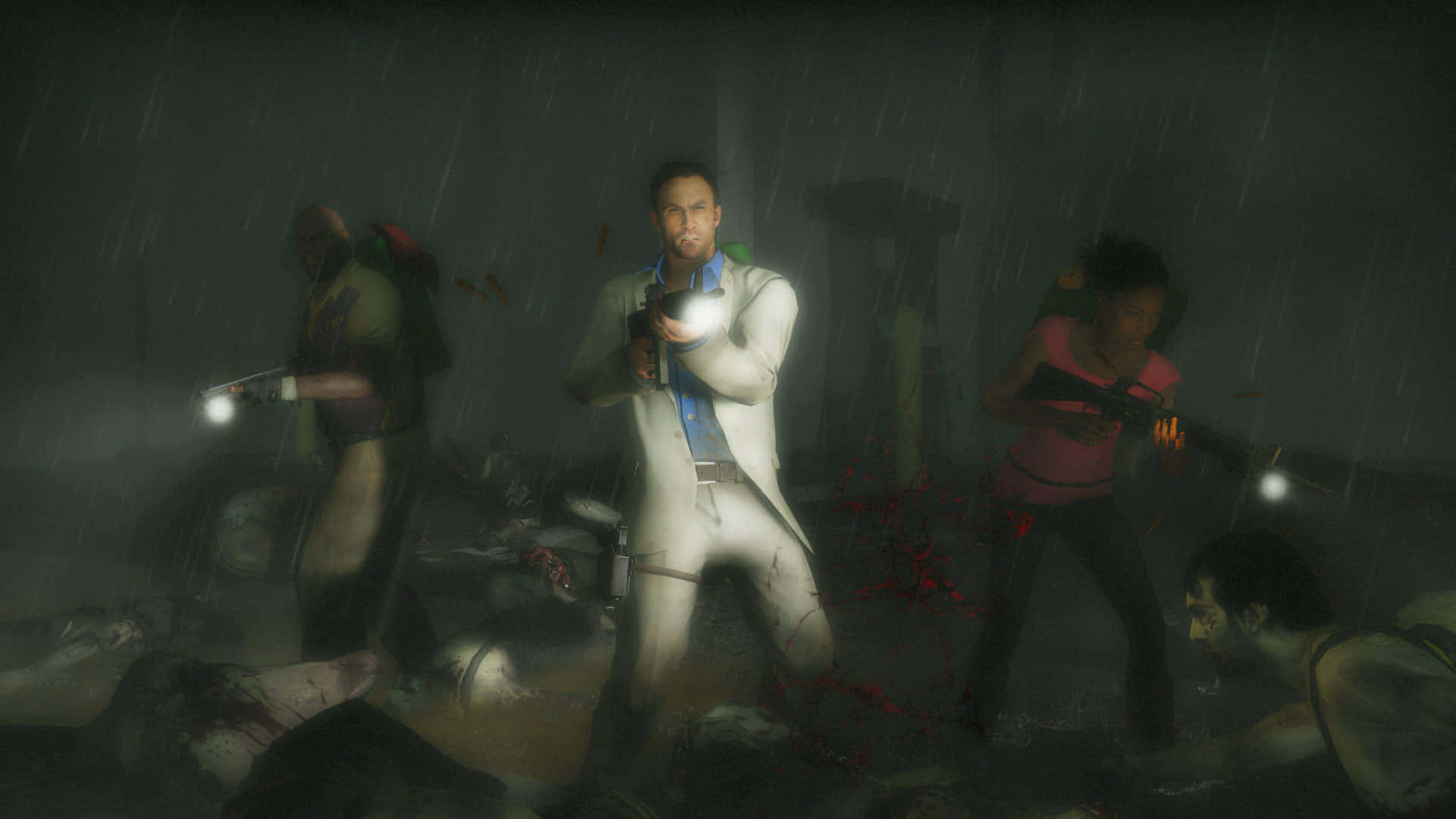 Left 4 Dead Characters, rain-soaked zombie apocalypse, flashlights, Full HD Desktop Wallpaper