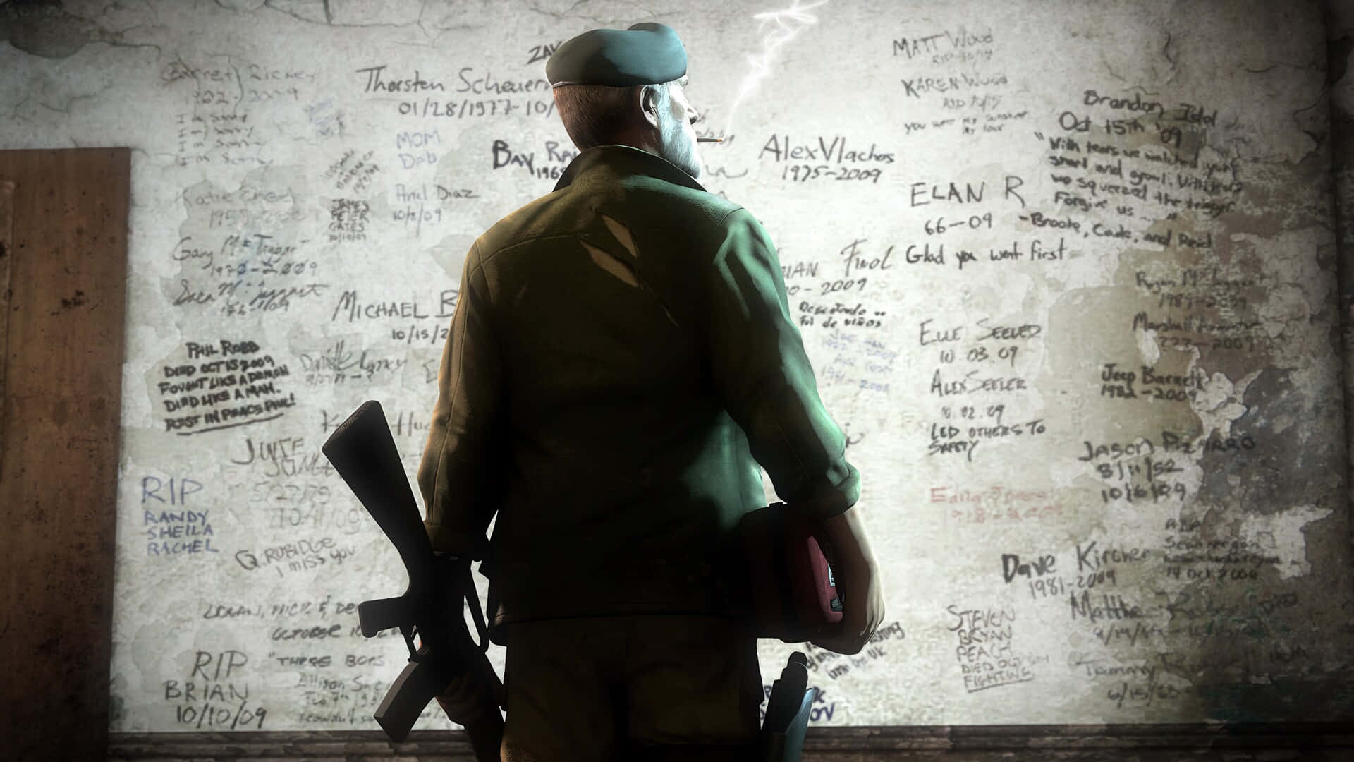 Left 4 Dead Characters, green uniform, wall, Full HD Desktop Wallpaper