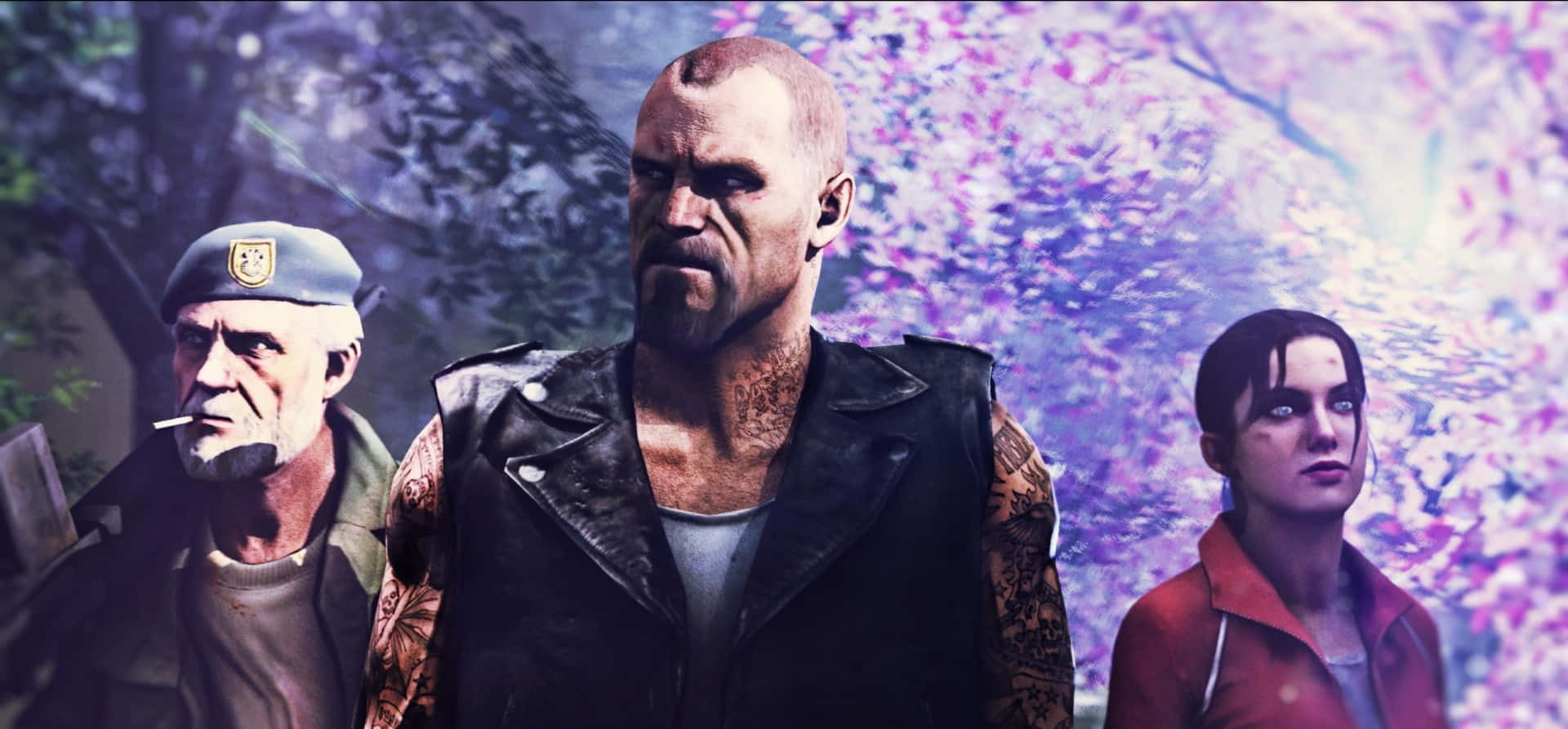 Left 4 Dead Characters, surreal forest, glowing purple cherry blossoms, Full HD Desktop Wallpaper