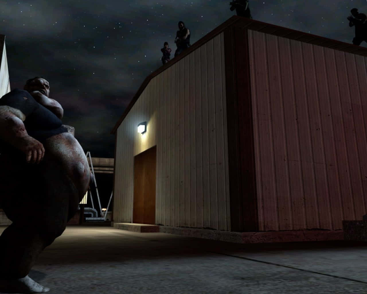 Left 4 Dead Characters, wooden building, starry night sky, HD Desktop Wallpaper