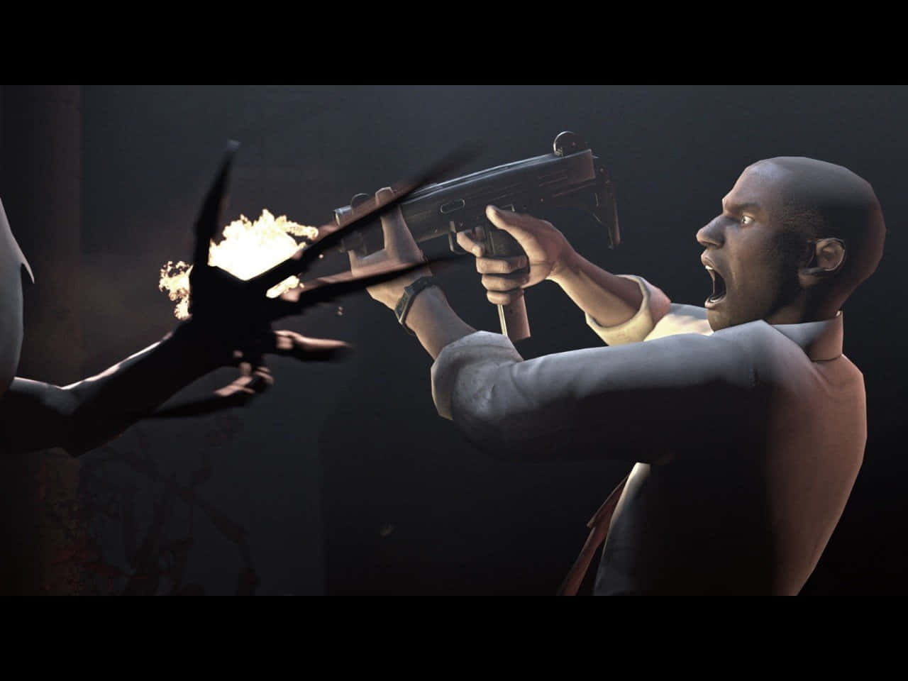 Left 4 Dead Characters, man in a suit, submachine gun, HD Desktop Wallpaper