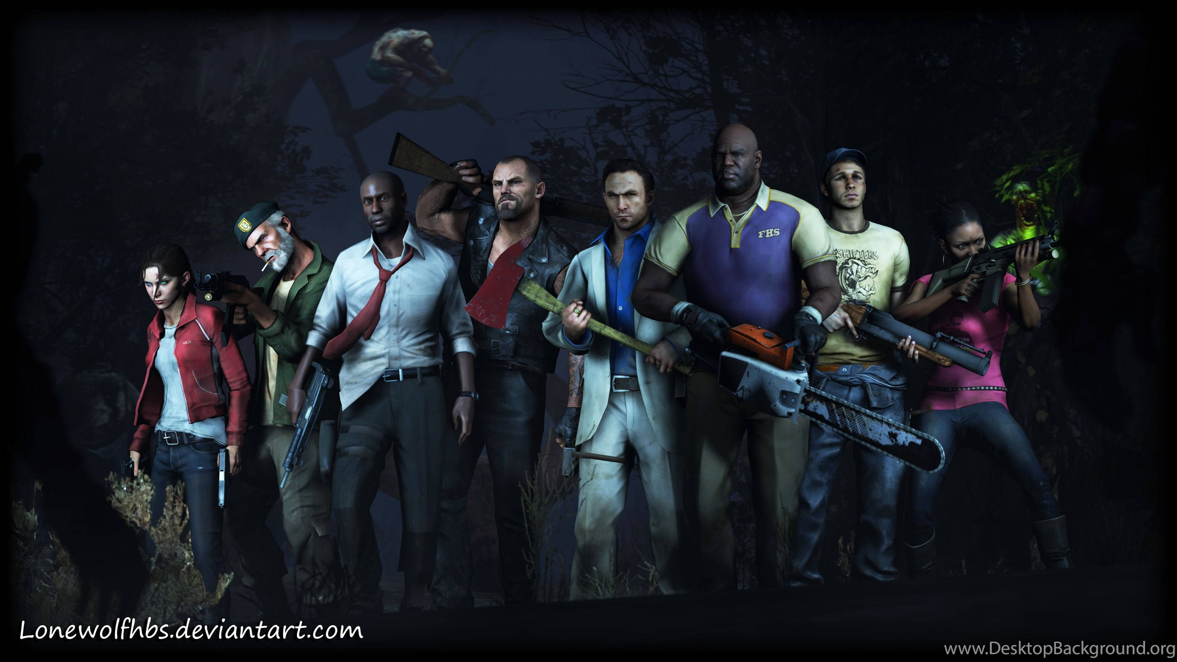 Left 4 Dead, survivor gang, dark forest, 4K Desktop Wallpaper