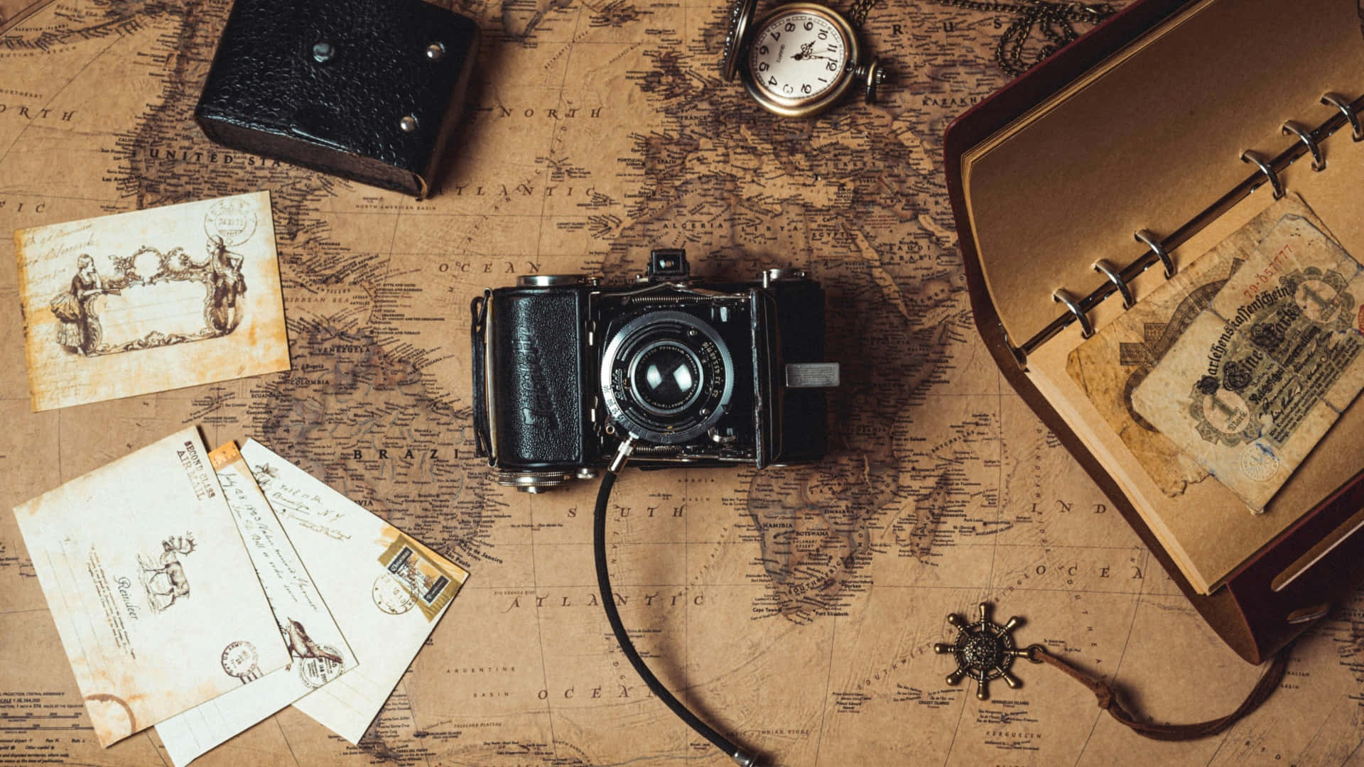 vintage camera, antique collection, aged world map, Full HD Desktop Wallpaper