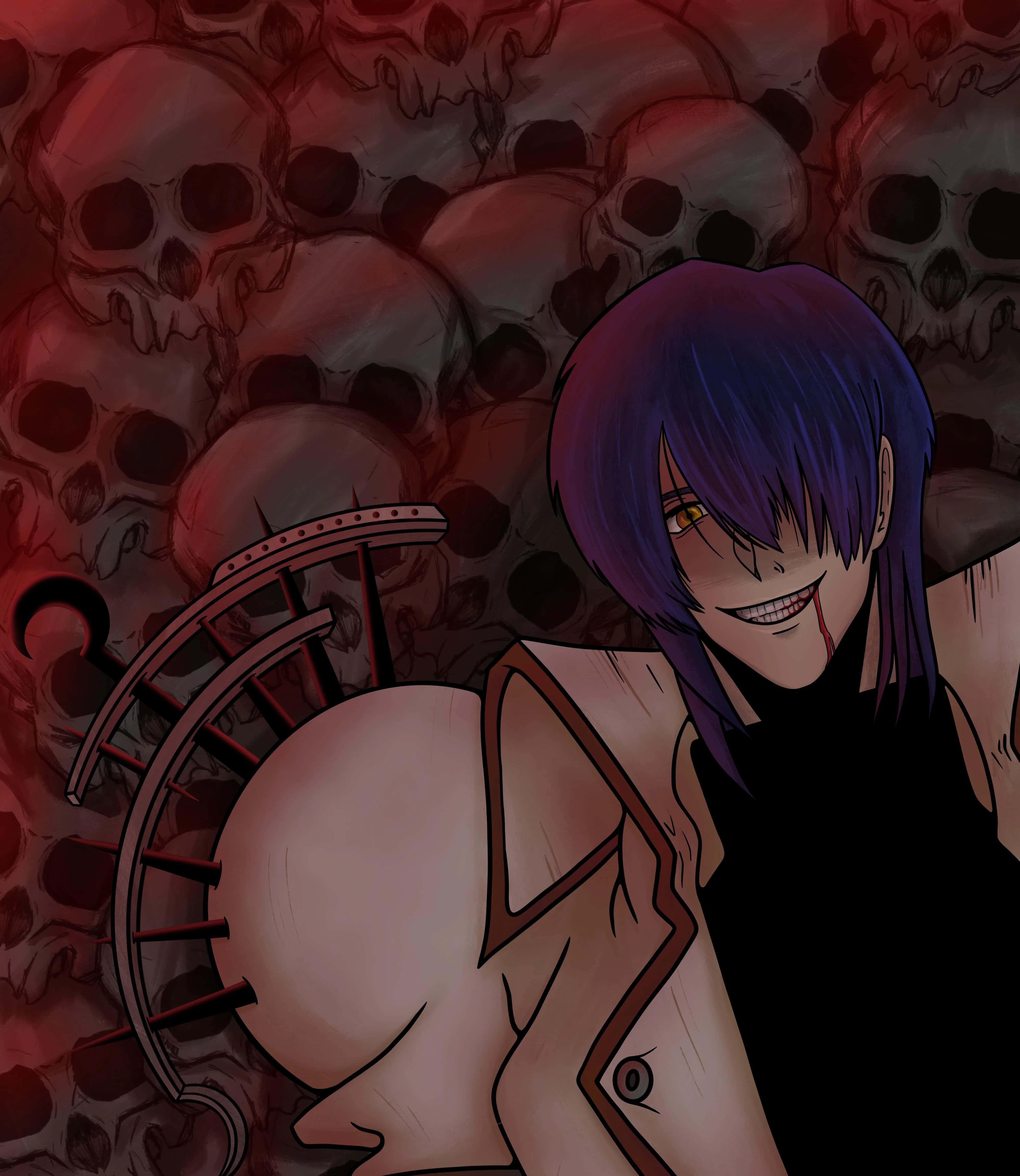 Legato Bluesummers, purple-haired, sinister grin, 4K Phone Wallpaper