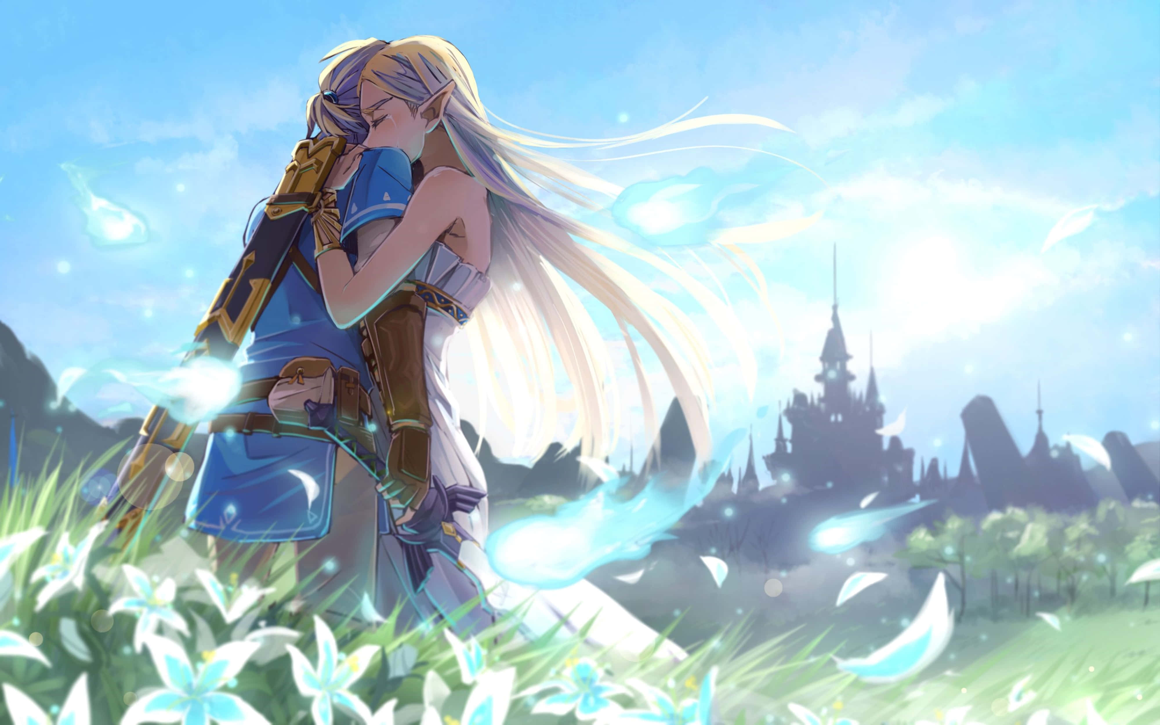 Zelda Breath Of The Wild, glowing blue flowers, distant castle, 4K Desktop Wallpaper
