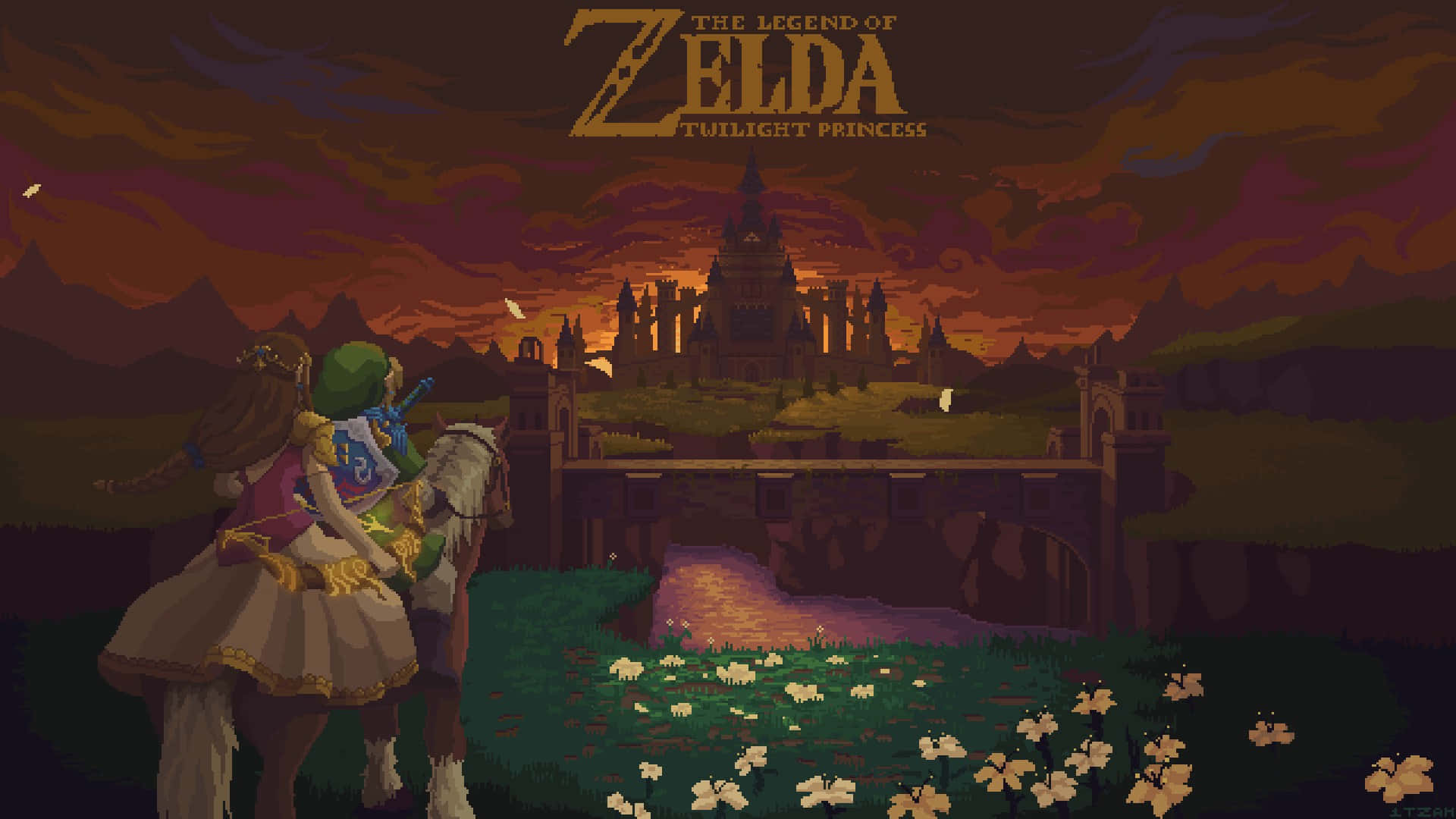 The Legend of Zelda: Breath of the Wild, pixel-art hero, horse, Full HD Desktop Wallpaper