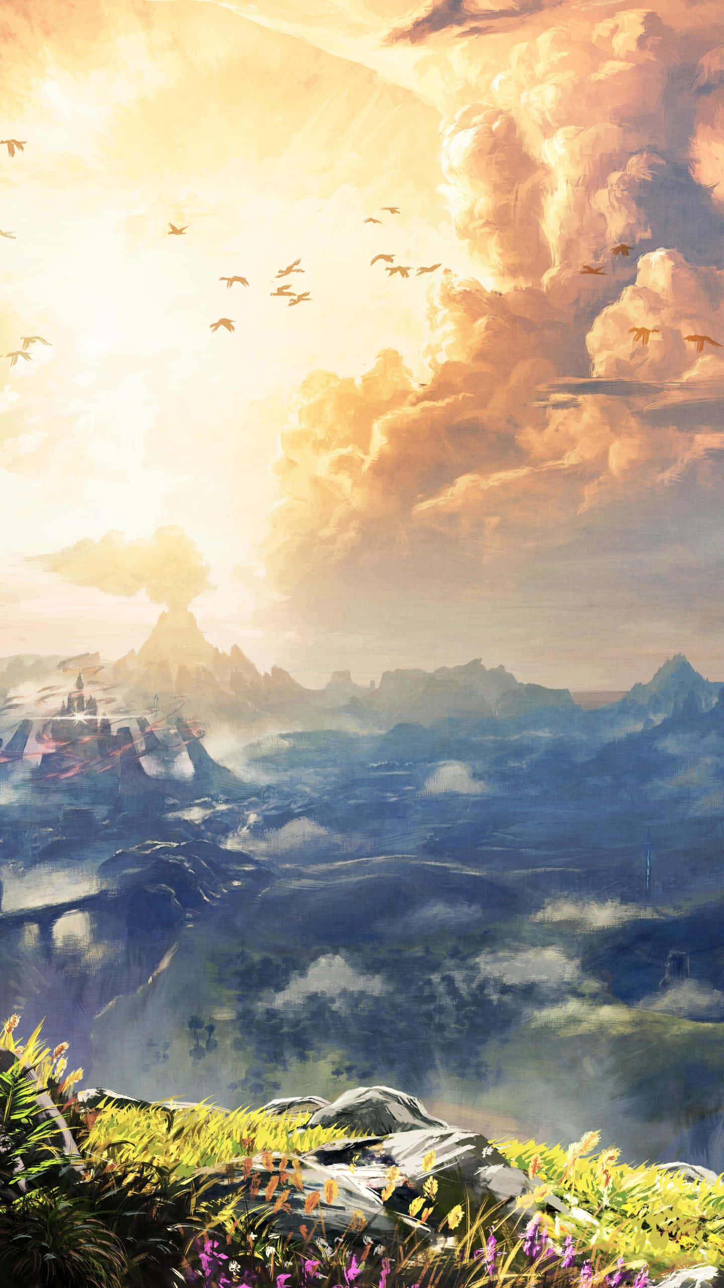 The Legend of Zelda: Breath of the Wild, mountain landscape, golden sunrise light, 2K Phone Wallpaper