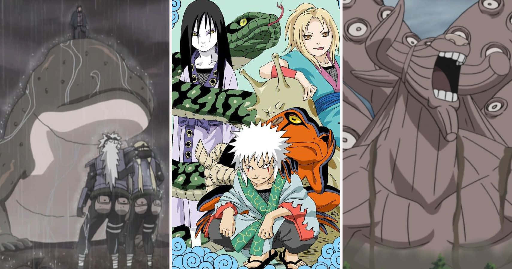 Legendary Sannin, giant toad summons, rain-soaked battle scene, HD Desktop Wallpaper