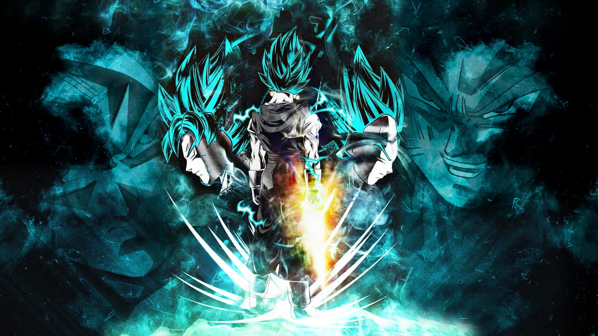 Saiyan, spiky blue hair, glowing energy, Full HD Desktop Wallpaper