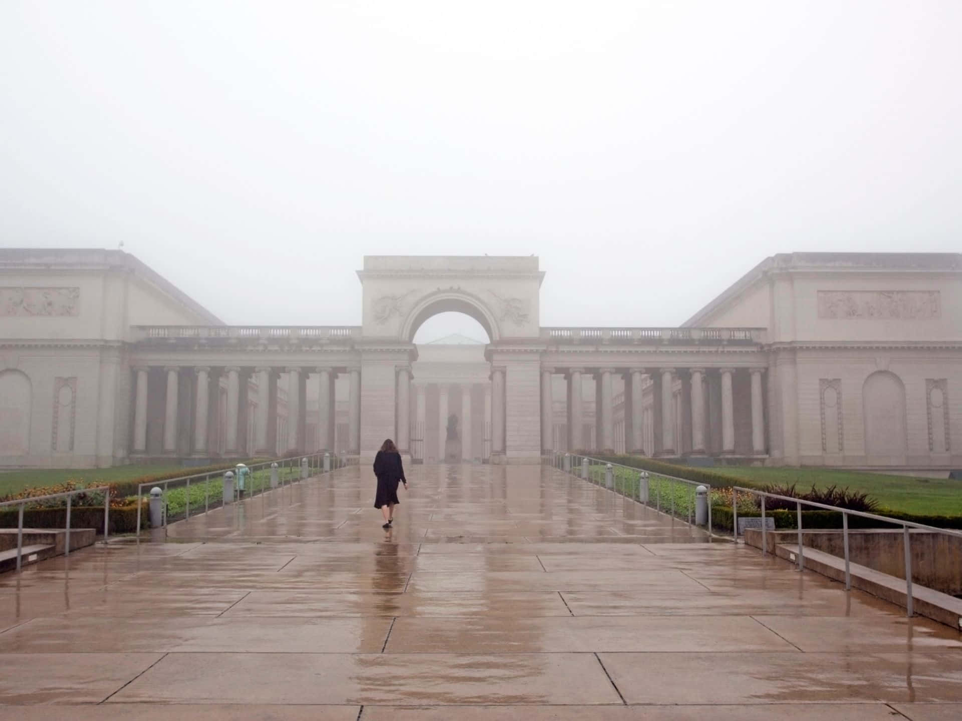 Legion Of Honor, foggy, wet stone path, Full HD Desktop Wallpaper