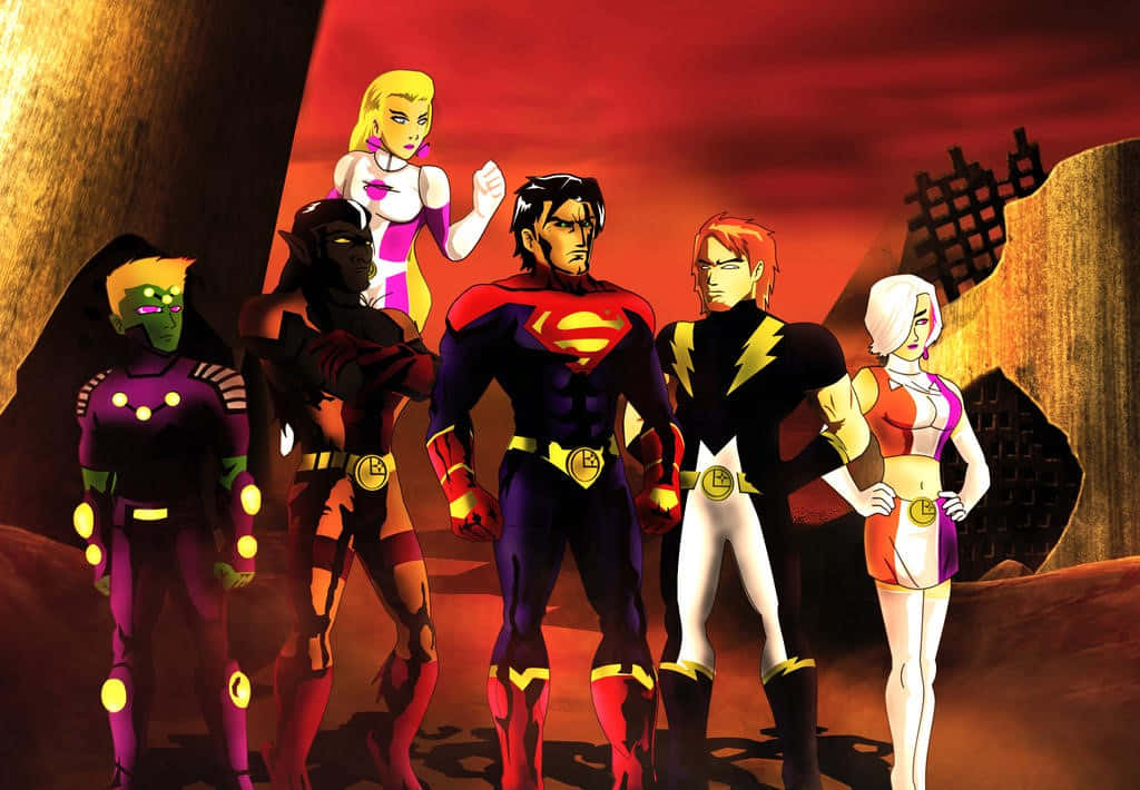 Legion Of Super Heroes, six superhero characters, fiery alien landscape, SD Desktop Wallpaper