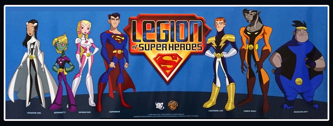 Legion of Super Heroes, seven animated superheroes, solid blue background, HD Desktop Wallpaper