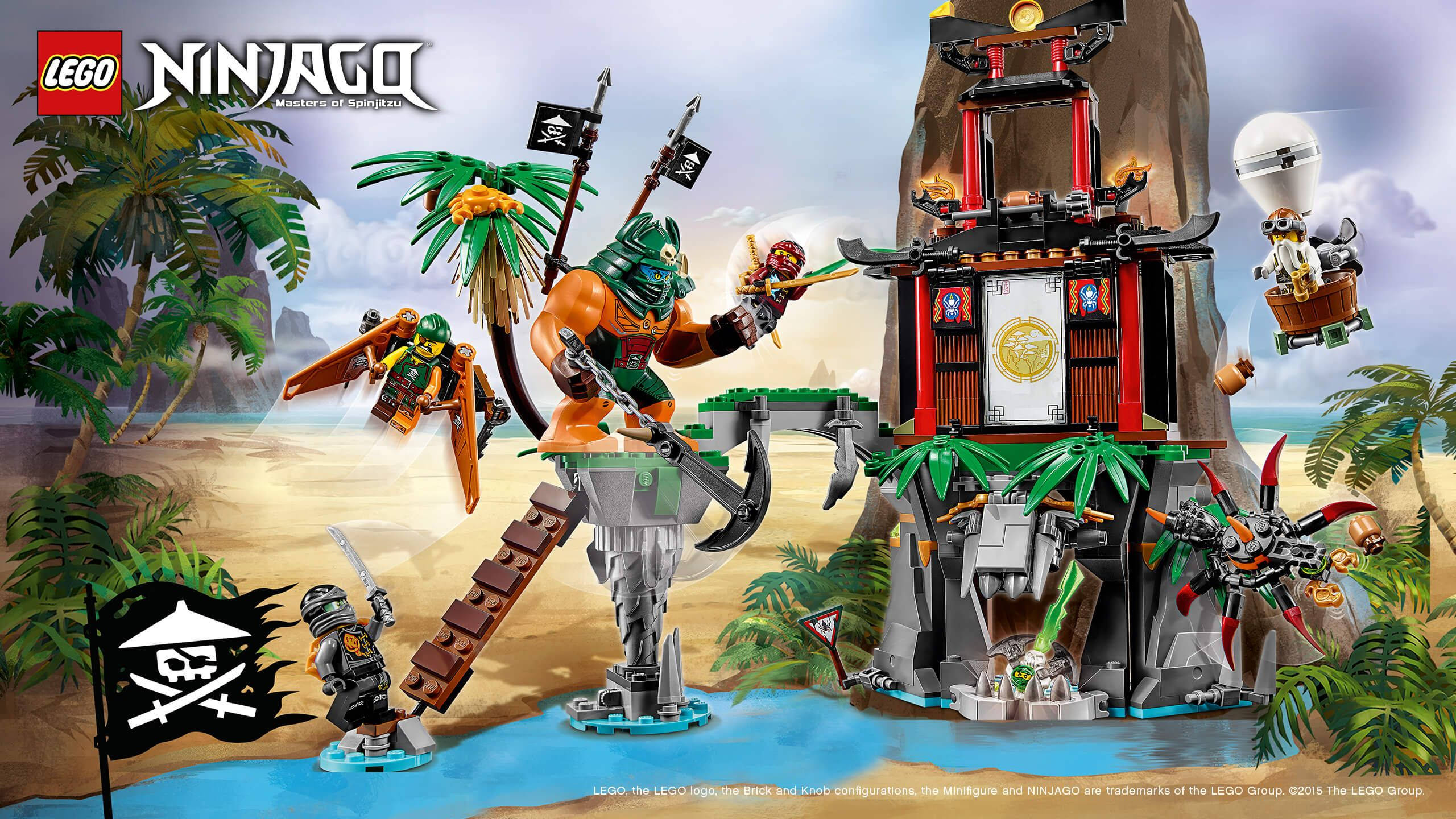 Lego Ninjago, pirate minifigures, tropical beach fortress, 2K Desktop Wallpaper