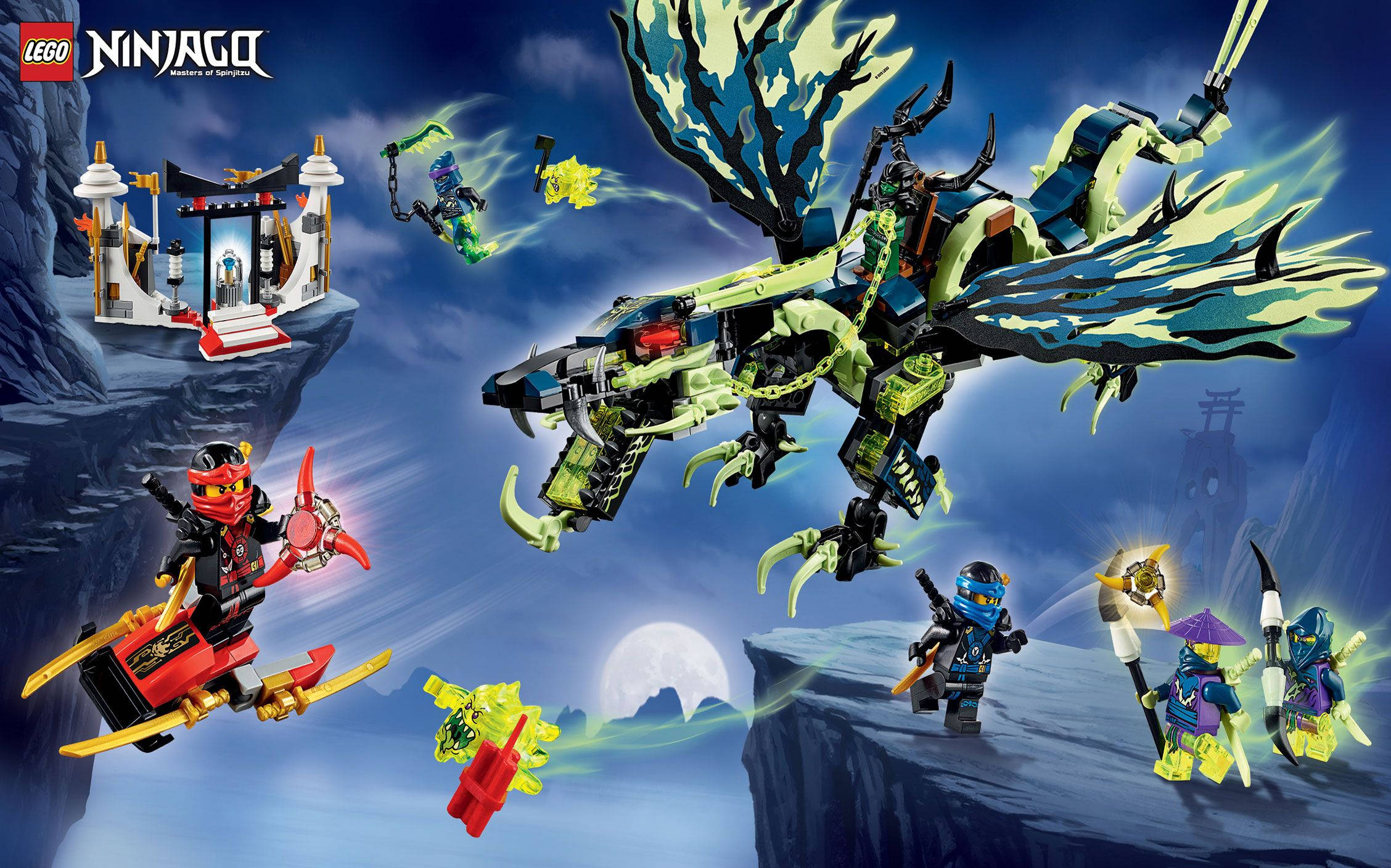 Lego Ninjago, black dragon, giant green dragon, Full HD Desktop Wallpaper