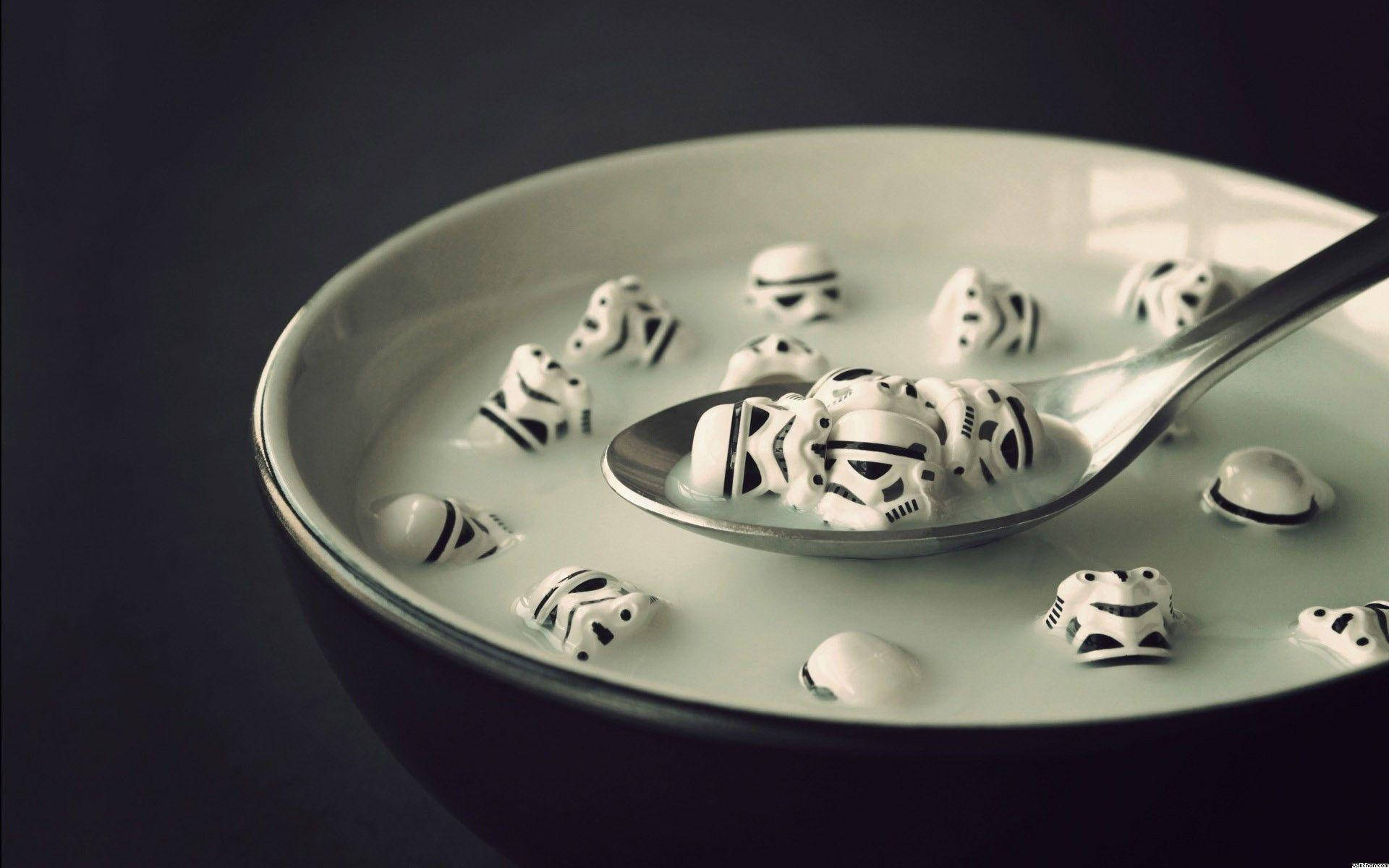LEGO Star Wars, stormtrooper-shaped cereal pieces, creamy milk, Full HD Desktop Wallpaper
