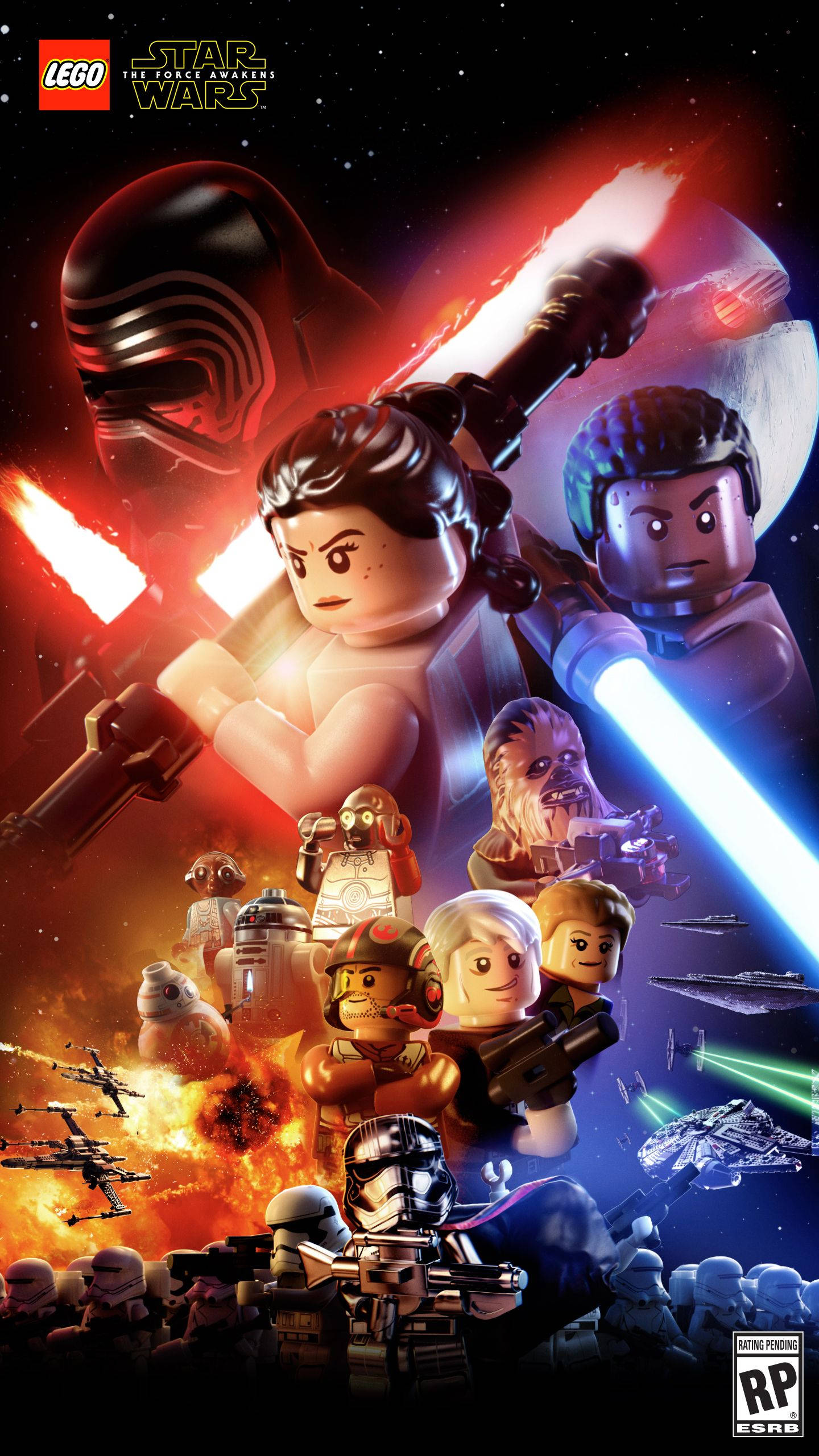 LEGO Star Wars, lightsabers, fiery space backdrop, 2K Phone Wallpaper