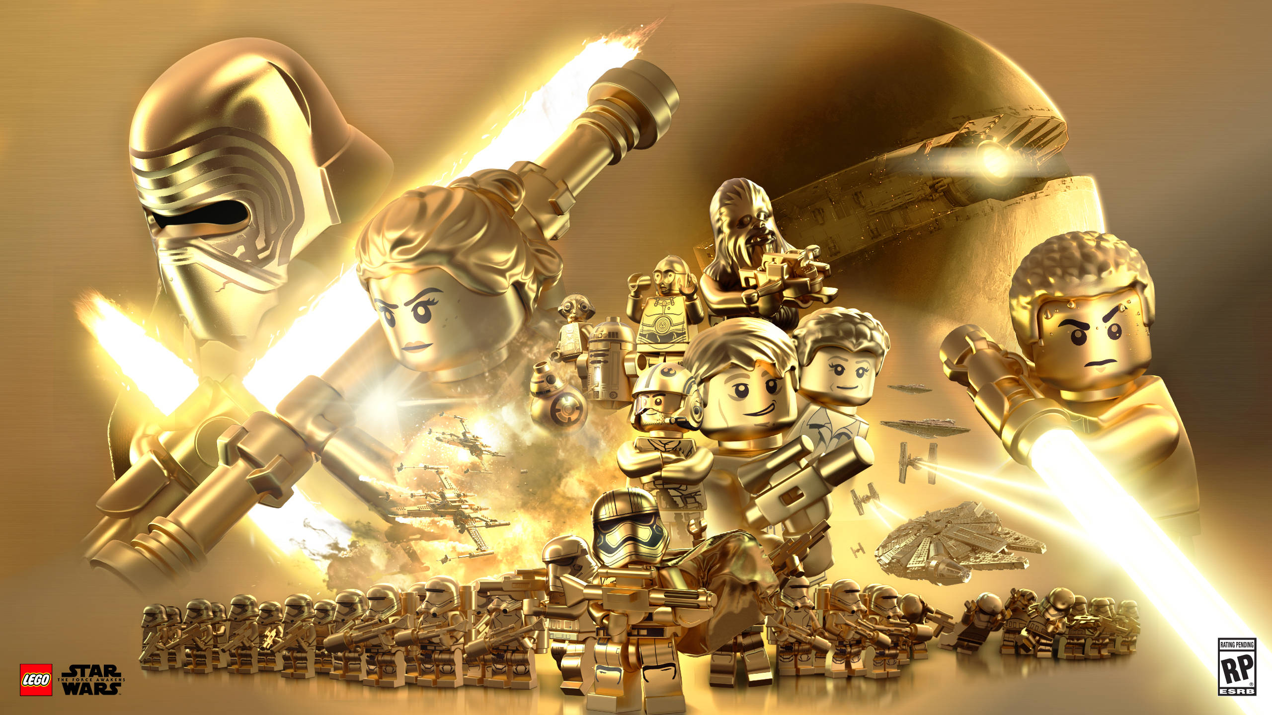 LEGO Star Wars, Golden LEGO Star Wars Characters, lightsabers, 2K Desktop Wallpaper