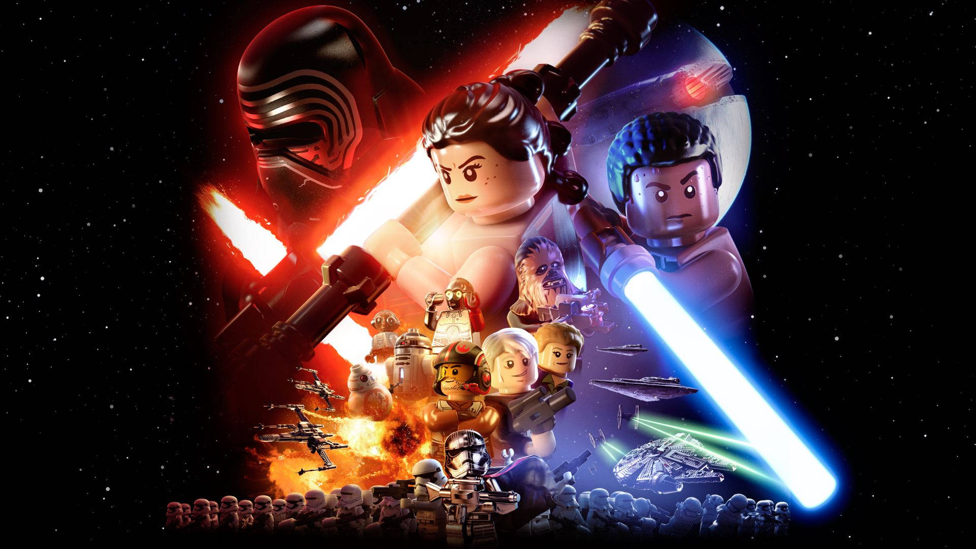 Lego Star Wars, lightsabers, starry space backdrop, Full HD Desktop Wallpaper