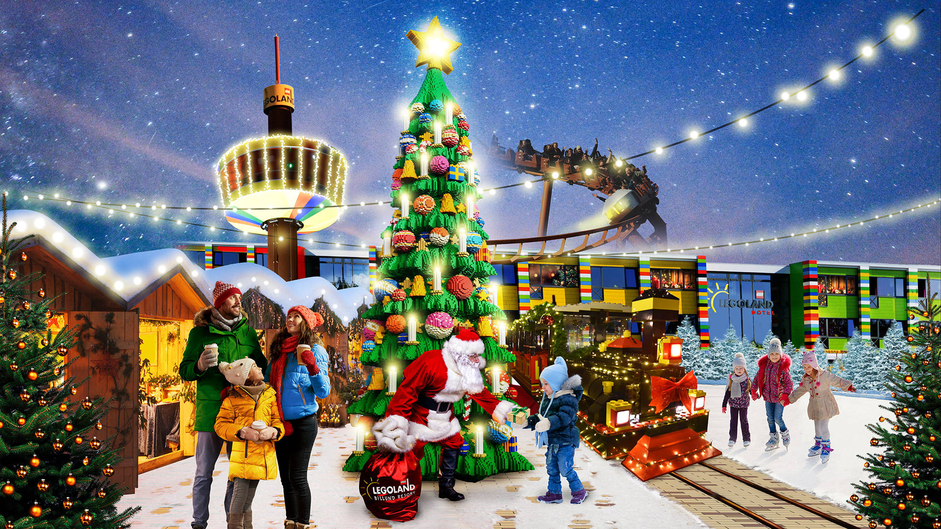 Legoland, Christmas tree, starry sky, Full HD Desktop Wallpaper