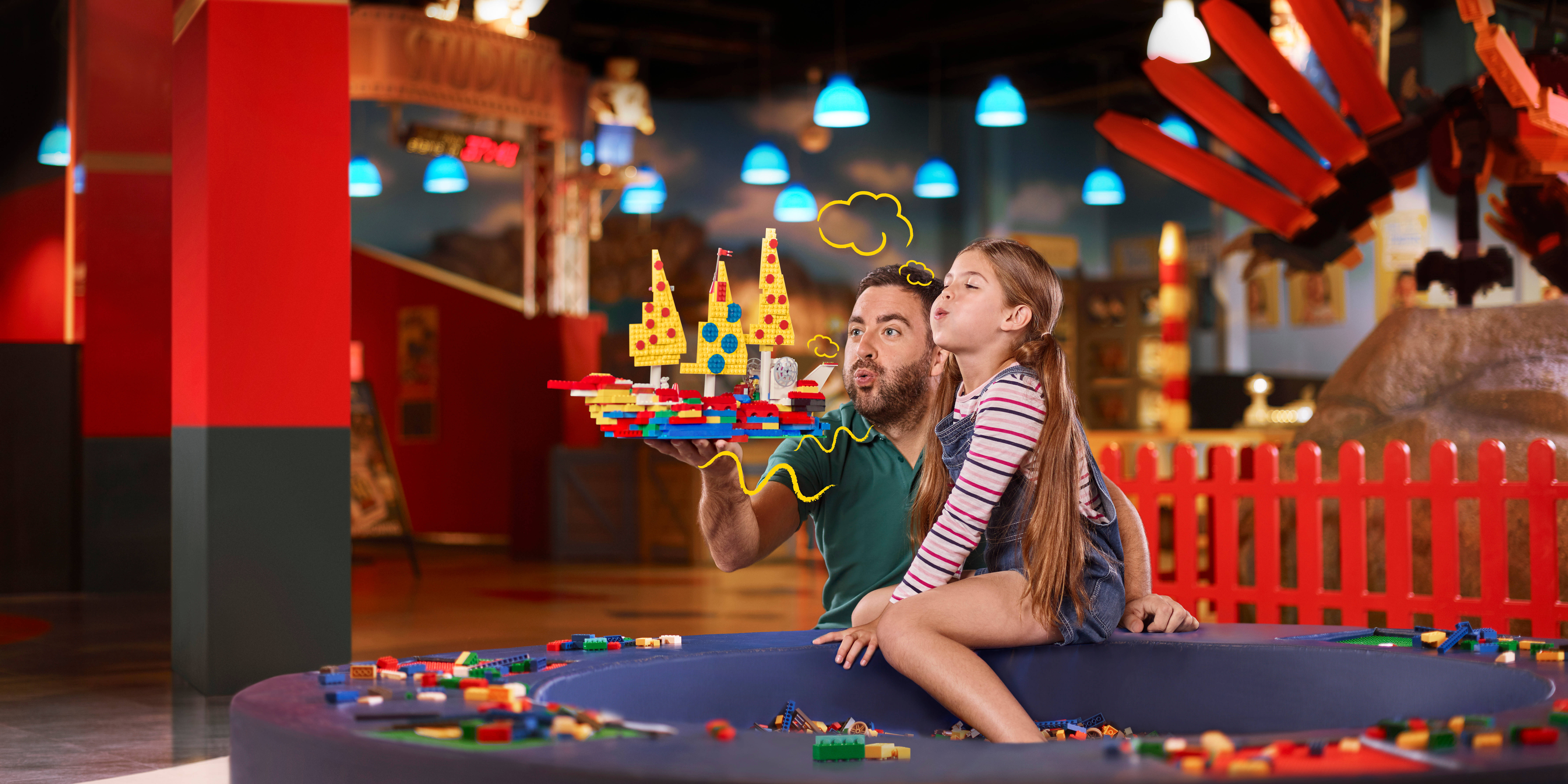 father and daughter, blue LEGO play pit, colorful castle, 8K Desktop Wallpaper