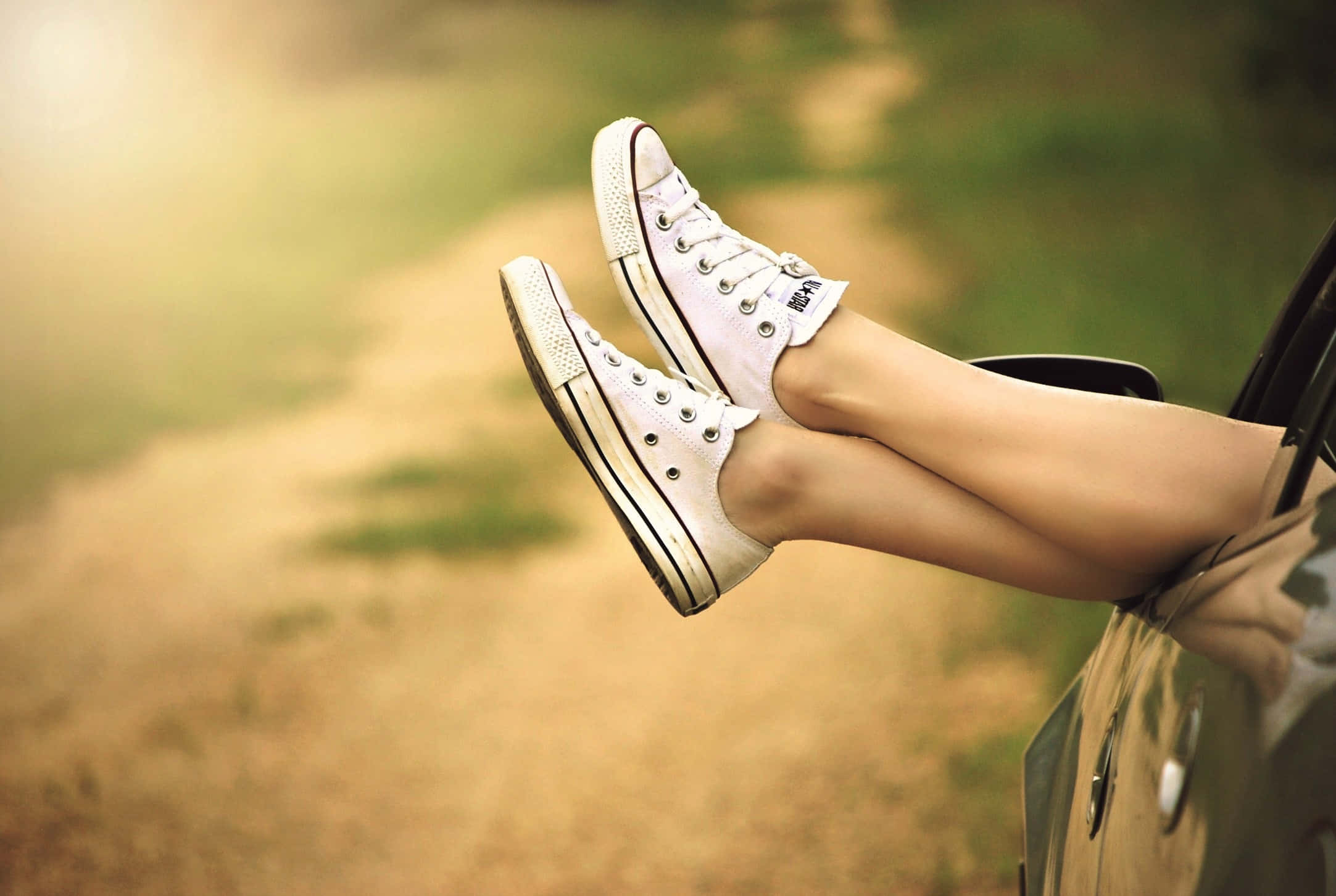white sneakers, car window, sunlit blurred roadside, Full HD Desktop Wallpaper