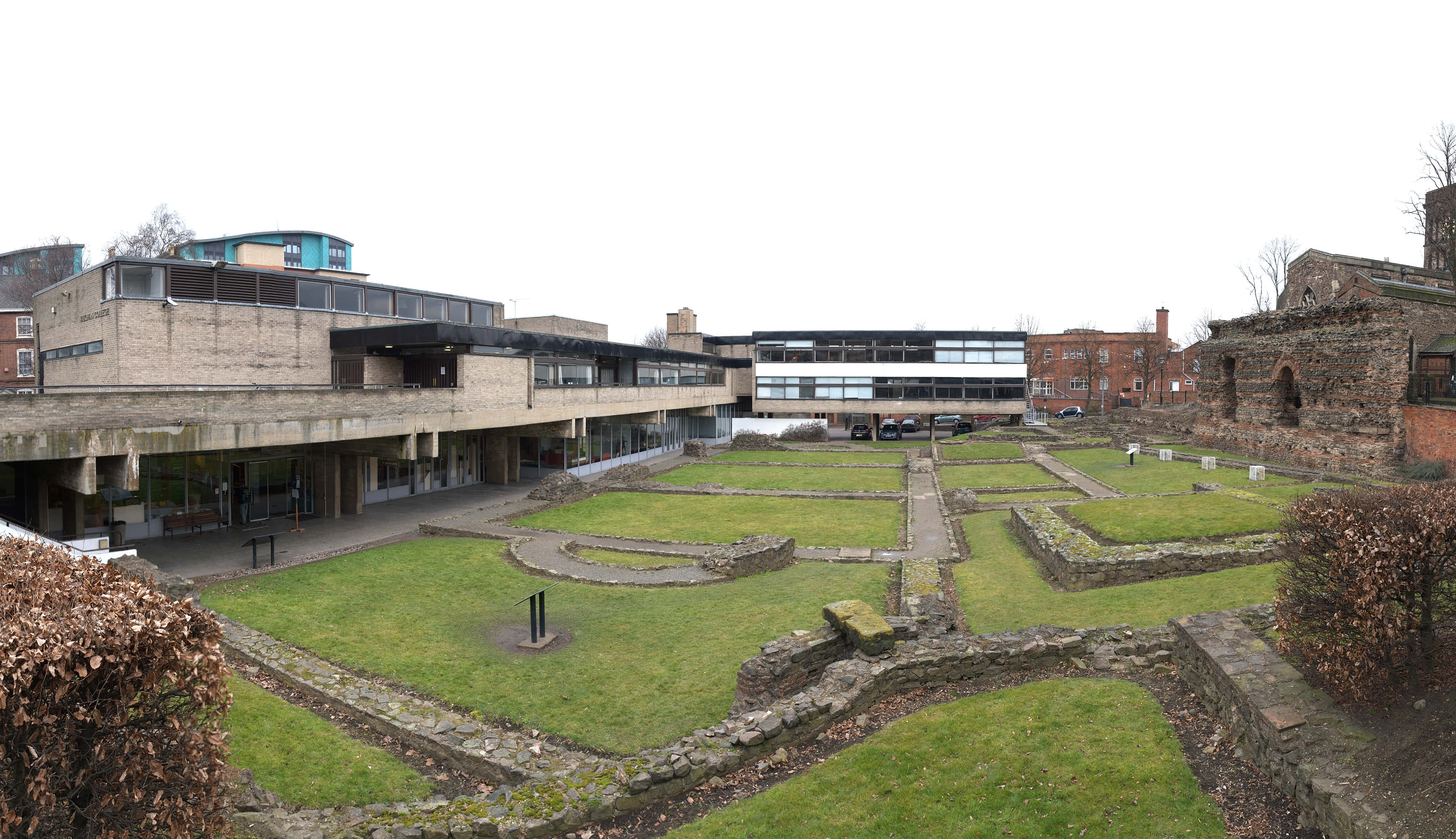 Leicester, ancient ruins, modern brutalist buildings, 2K Desktop Wallpaper